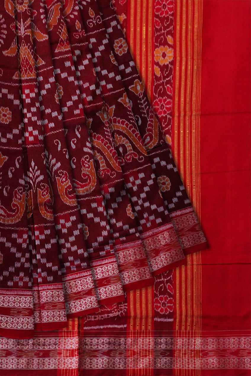 Coffee and Red color terracotta with pasapali pattern Sambalpuri pure cotton saree. - Koshali Arts & Crafts Enterprise