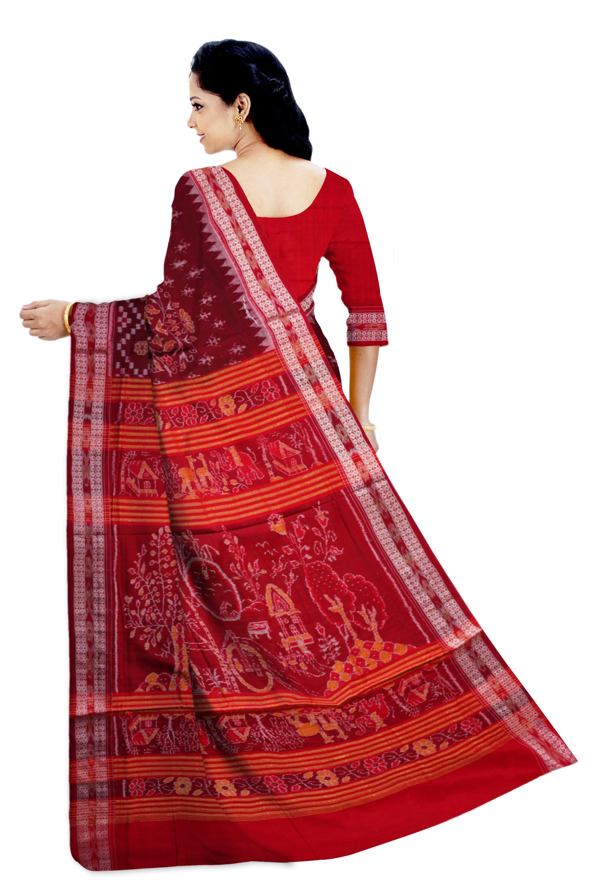 Coffee and Red color terracotta with pasapali pattern Sambalpuri pure cotton saree. - Koshali Arts & Crafts Enterprise