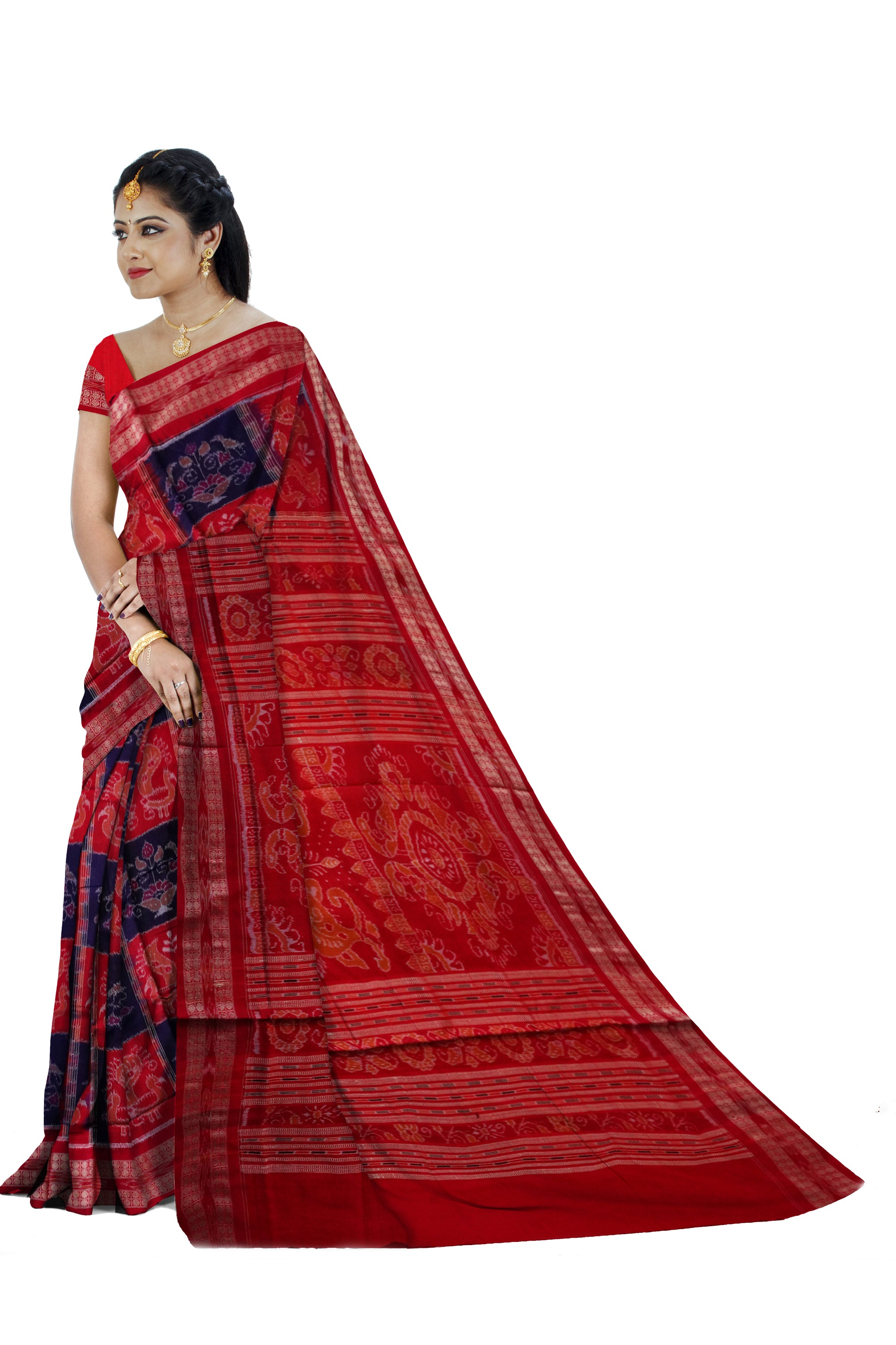 Maroon and Blue color peacock pattern Sambalpuri pure cotton saree. - Koshali Arts & Crafts Enterprise