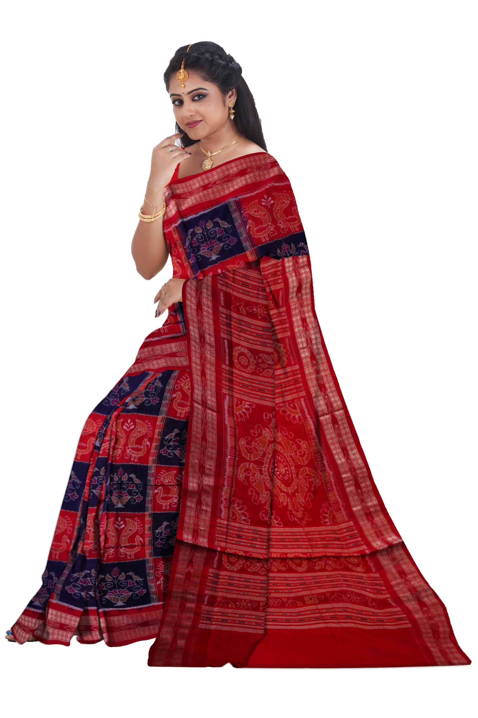 Maroon and Blue color peacock pattern Sambalpuri pure cotton saree. - Koshali Arts & Crafts Enterprise