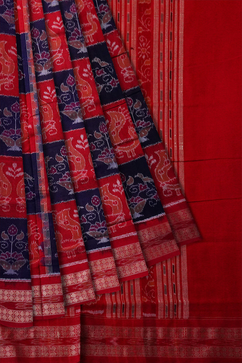 Maroon and Blue color peacock pattern Sambalpuri pure cotton saree. - Koshali Arts & Crafts Enterprise
