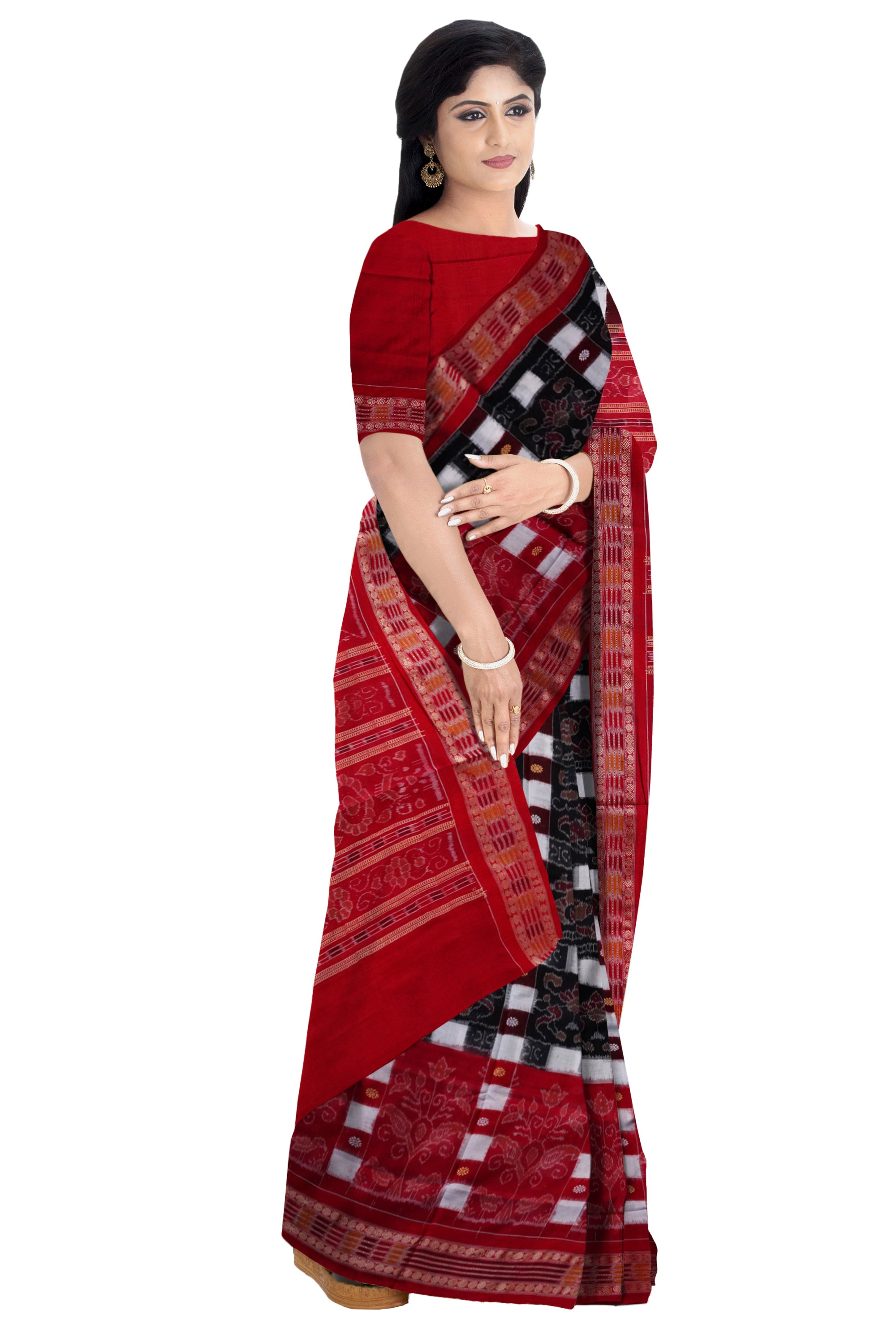 Black, Red color with white and Coffee color Sambalpuri cotton saree  in box pattern. - Koshali Arts & Crafts Enterprise