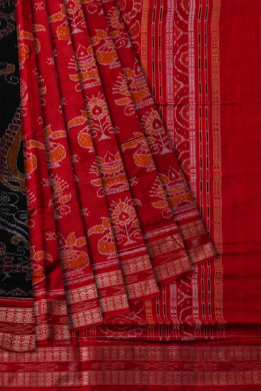 Beautiful tree with kalash pattern Red and Black  Sambalpuri cotton saree. - Koshali Arts & Crafts Enterprise
