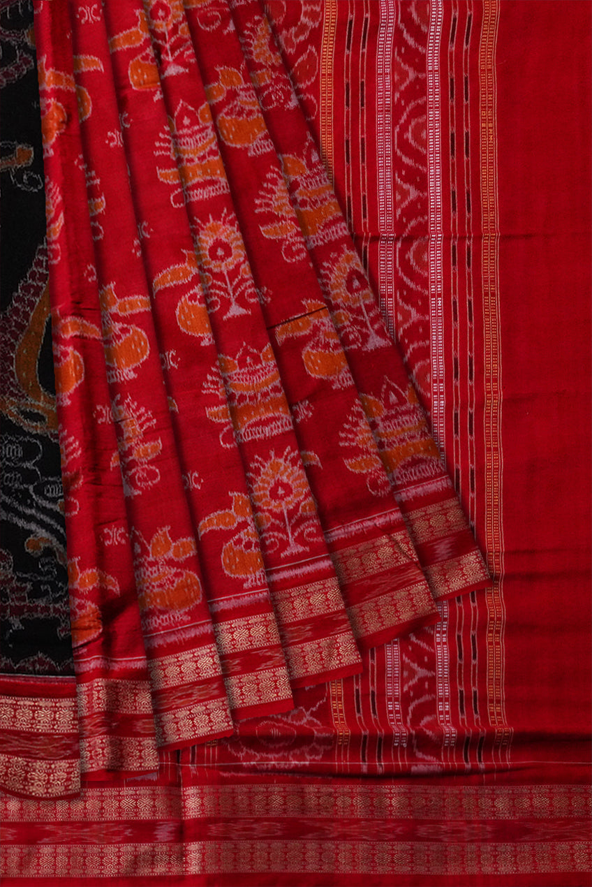 Beautiful tree with kalash pattern Red and Black  Sambalpuri cotton saree. - Koshali Arts & Crafts Enterprise