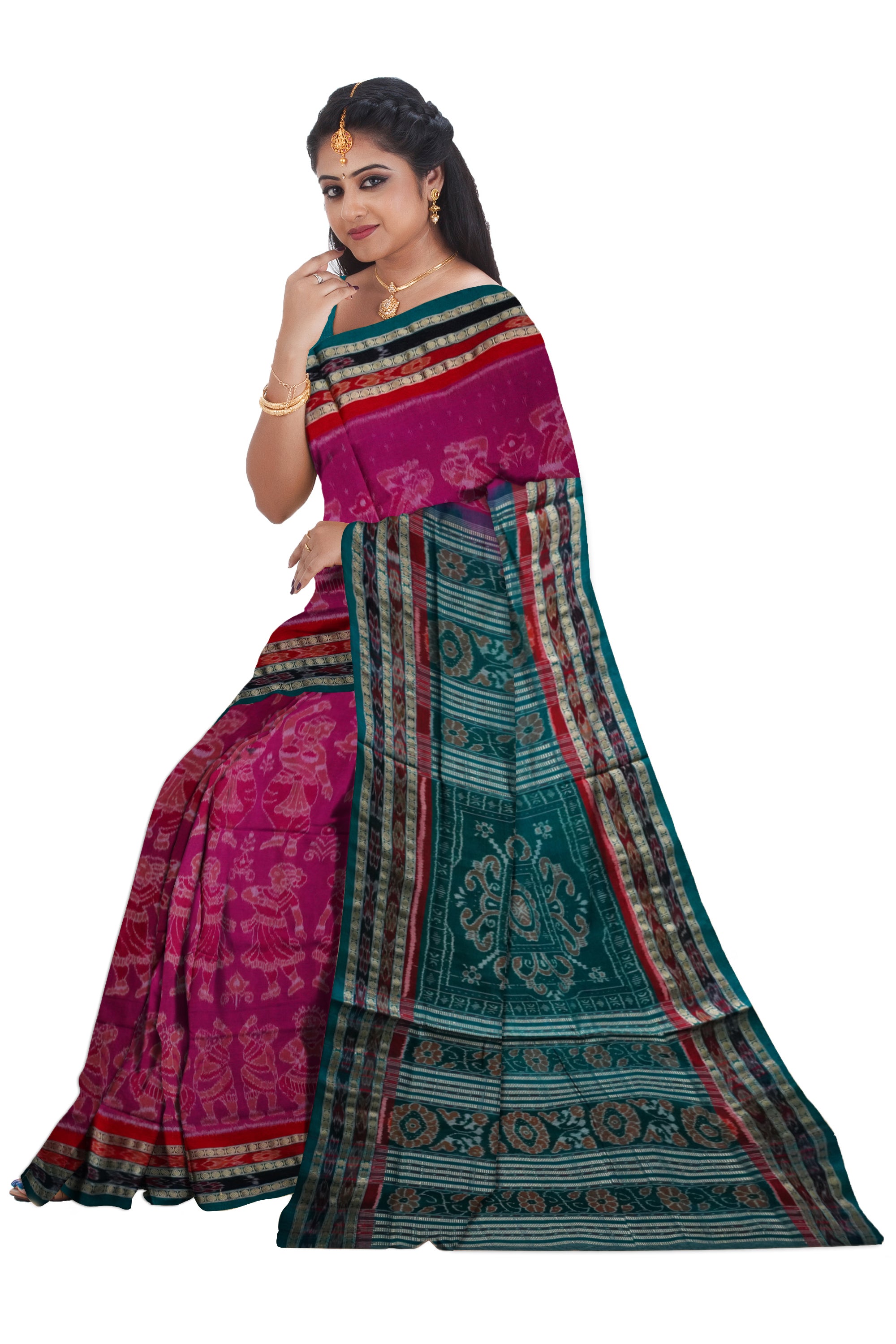 Traditional Nartaki pattern Pure cotton saree in Dark-magenta and Green color Sambalpuri cotton saree. - Koshali Arts & Crafts Enterprise