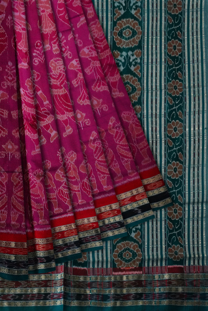Traditional Nartaki pattern Pure cotton saree in Dark-magenta and Green color Sambalpuri cotton saree. - Koshali Arts & Crafts Enterprise