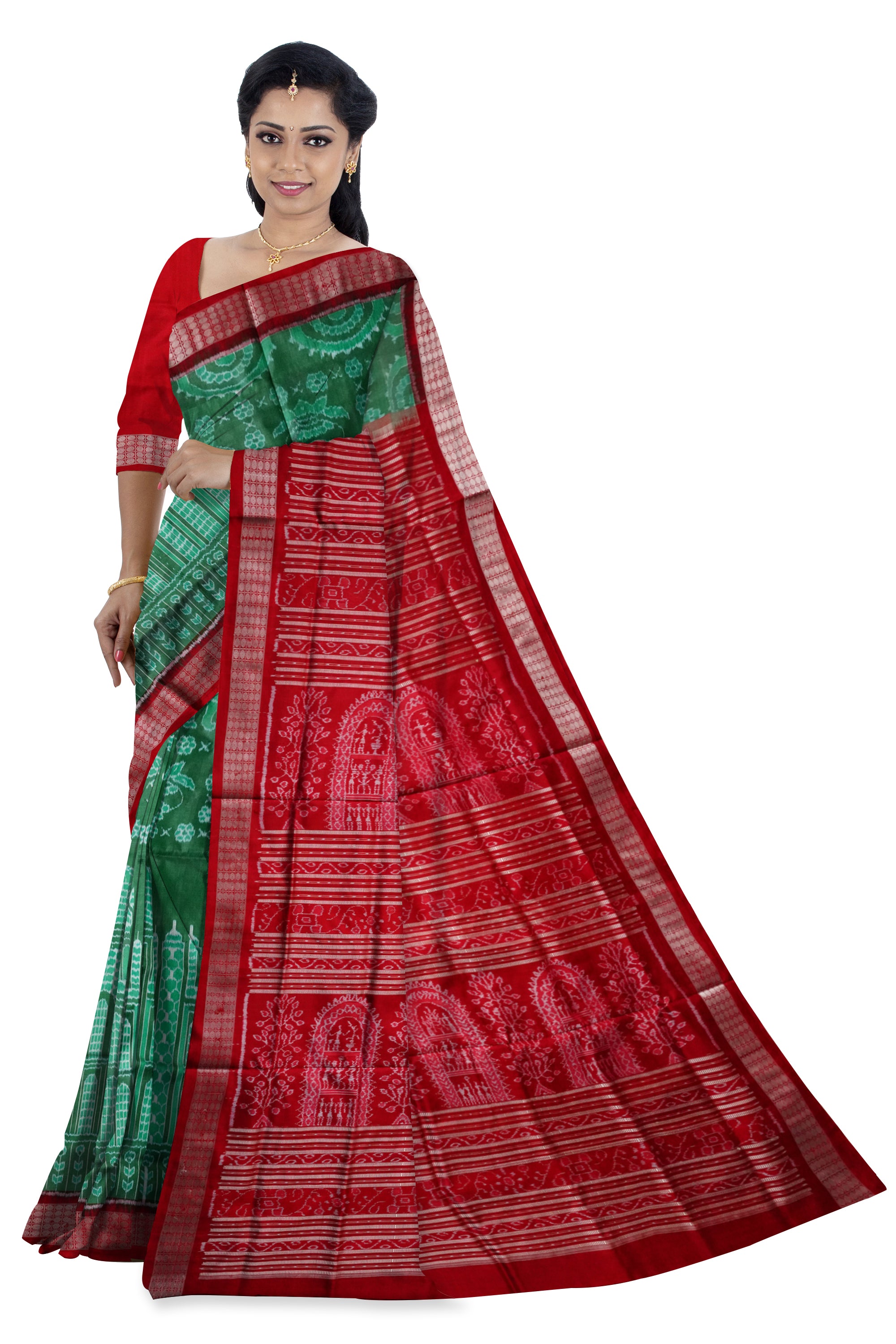 Light-green and Red color tajmahal pattern sambalpuri pure pata saree. - Koshali Arts & Crafts Enterprise