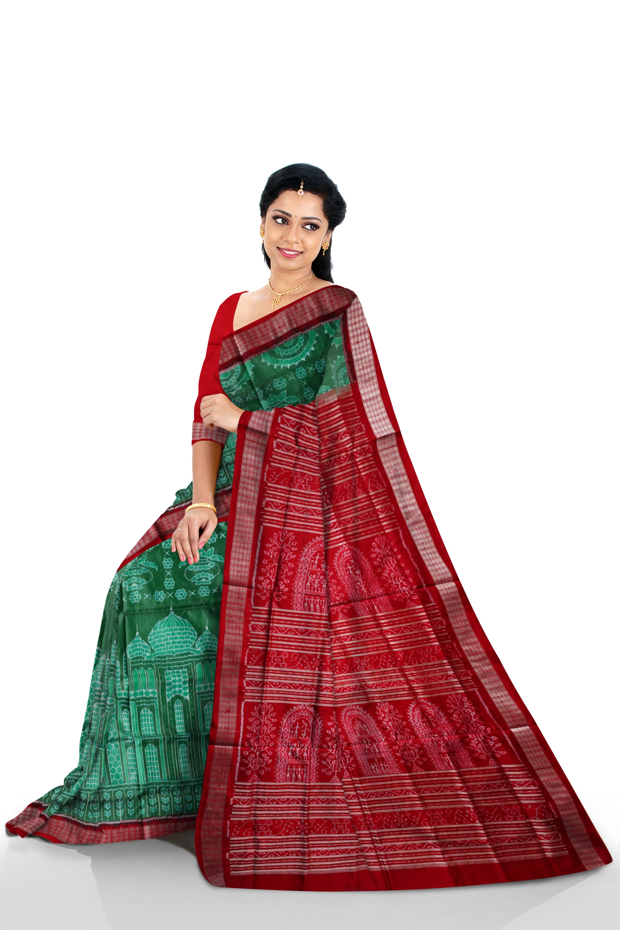 Light-green and Red color tajmahal pattern sambalpuri pure pata saree. - Koshali Arts & Crafts Enterprise