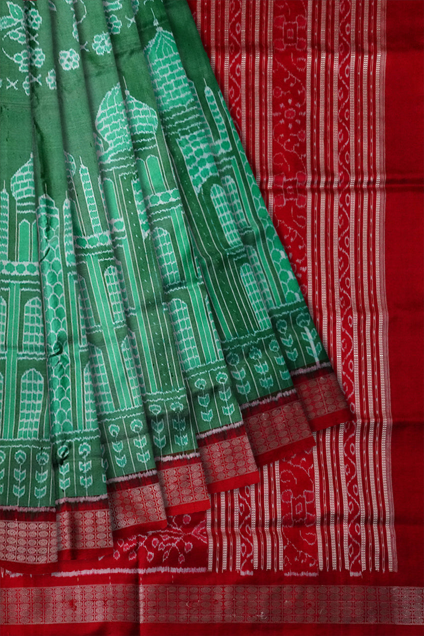 Light-green and Red color tajmahal pattern sambalpuri pure pata saree. - Koshali Arts & Crafts Enterprise