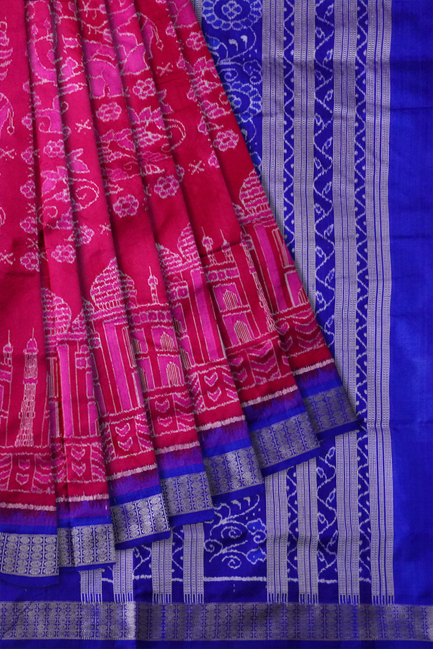 Pink and Blue color Tajmahal pattern sambalpuri pure pata saree. - Koshali Arts & Crafts Enterprise
