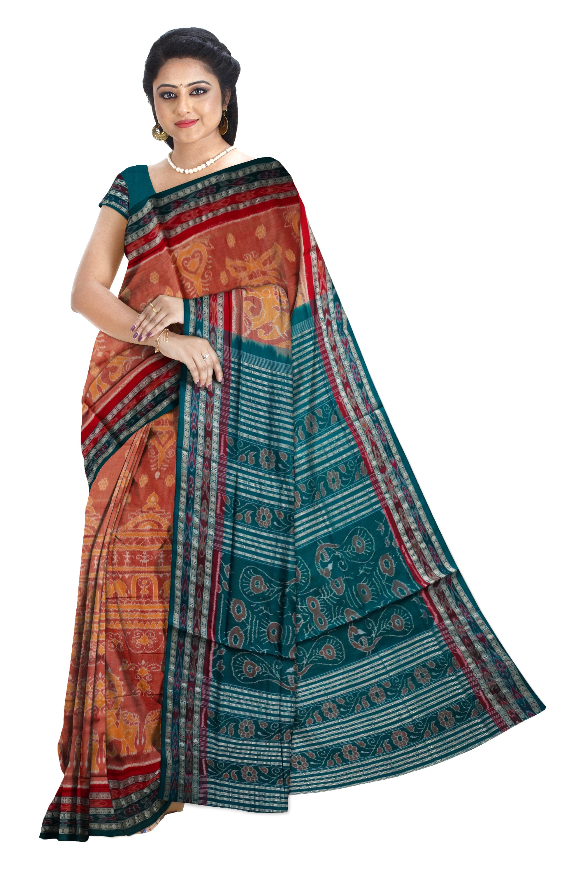Orange and green color terracotta village pattern sambalpuri cotton saree. - Koshali Arts & Crafts Enterprise