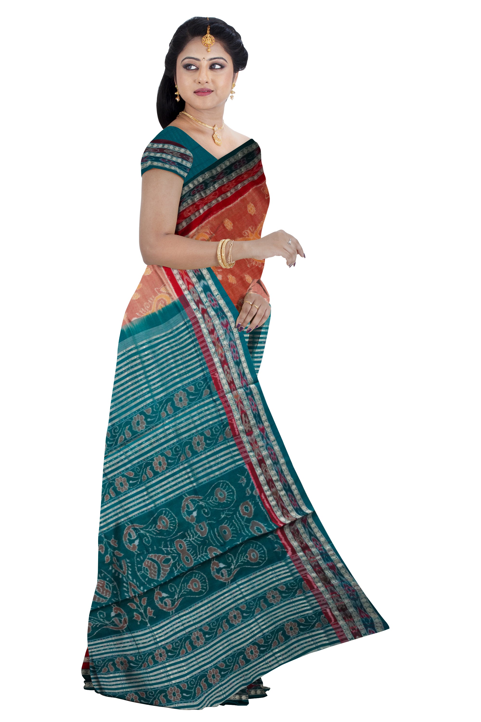 Orange and green color teracotta village pattern sambalpuri cotton saree. - Koshali Arts & Crafts Enterprise