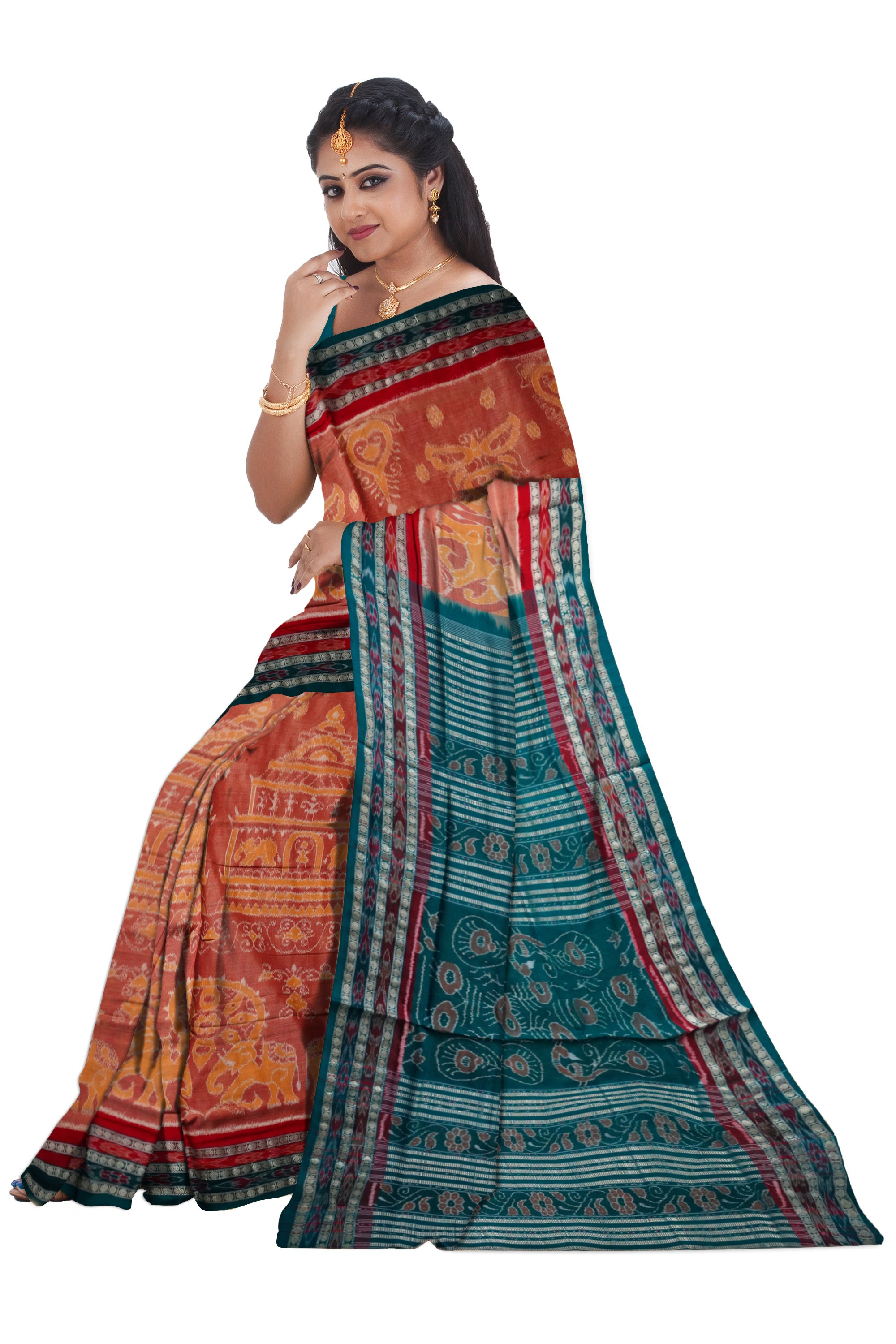 Light-orange and Sea-green color terracotta village pattern Sambalpuri cotton saree. - Koshali Arts & Crafts Enterprise