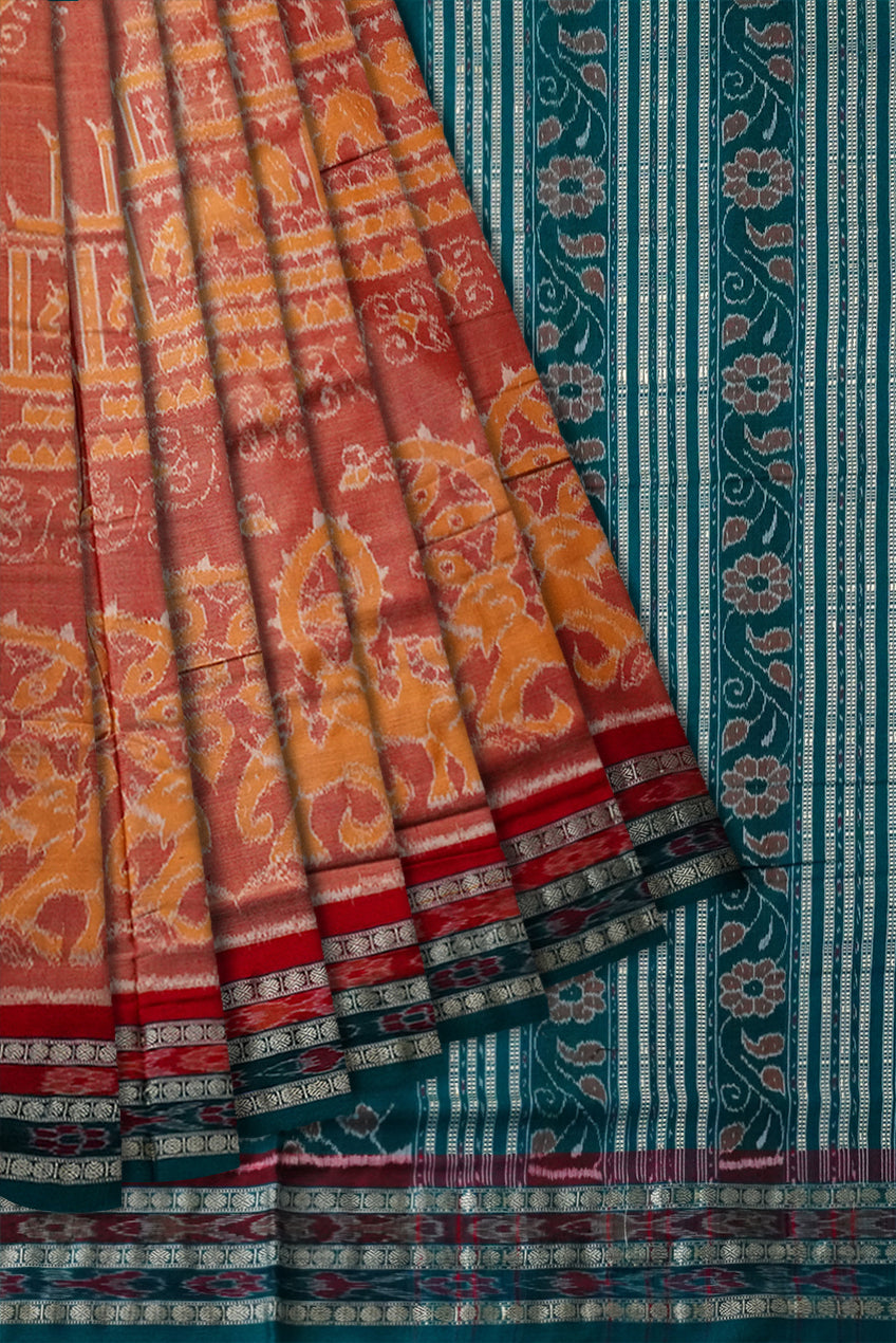 Light-orange and Sea-green color terracotta village pattern Sambalpuri cotton saree. - Koshali Arts & Crafts Enterprise