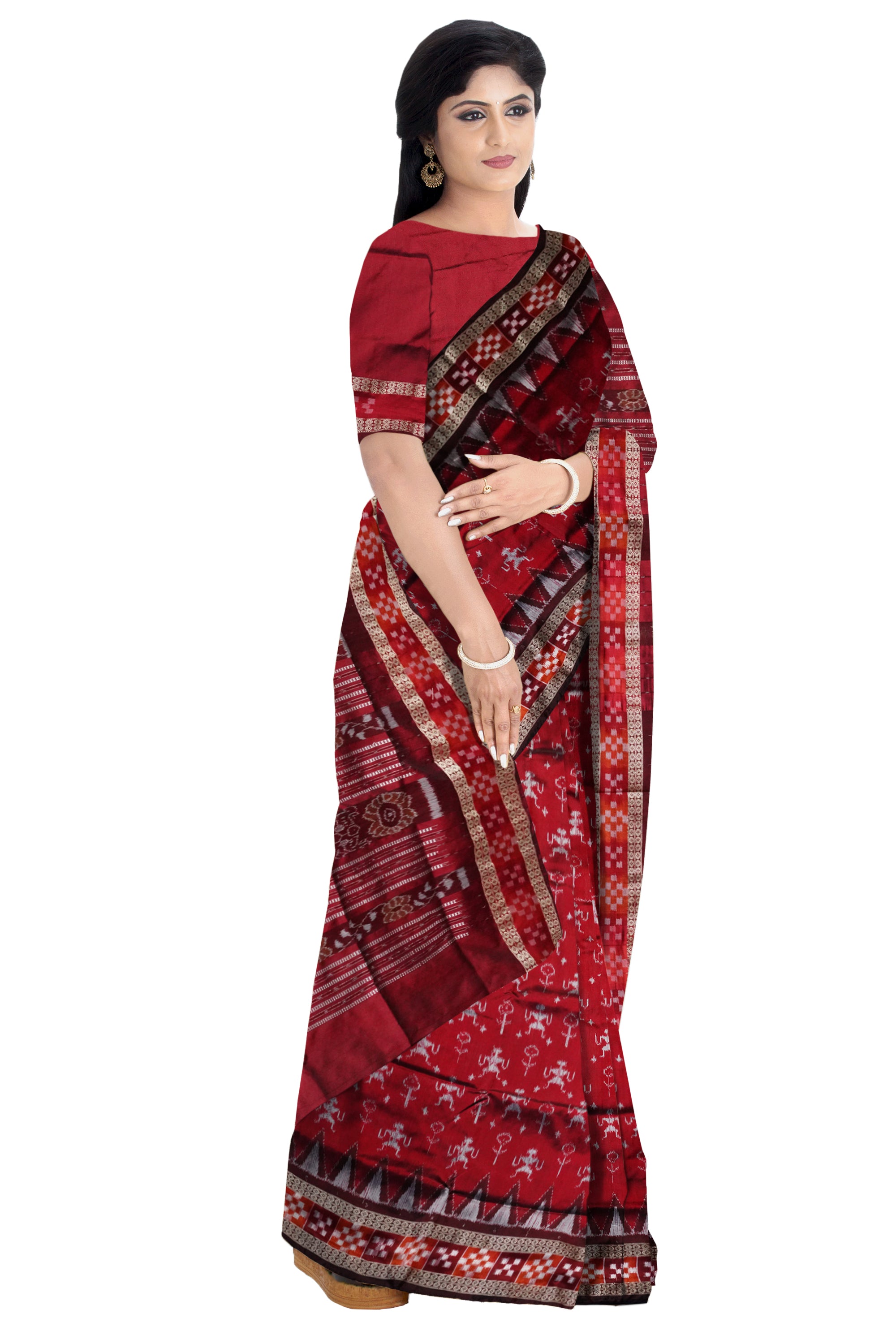 Whole body terracotta with border pasapali pattern Sambalpuri pata saree in Maroon and Coffee color. - Koshali Arts & Crafts Enterprise