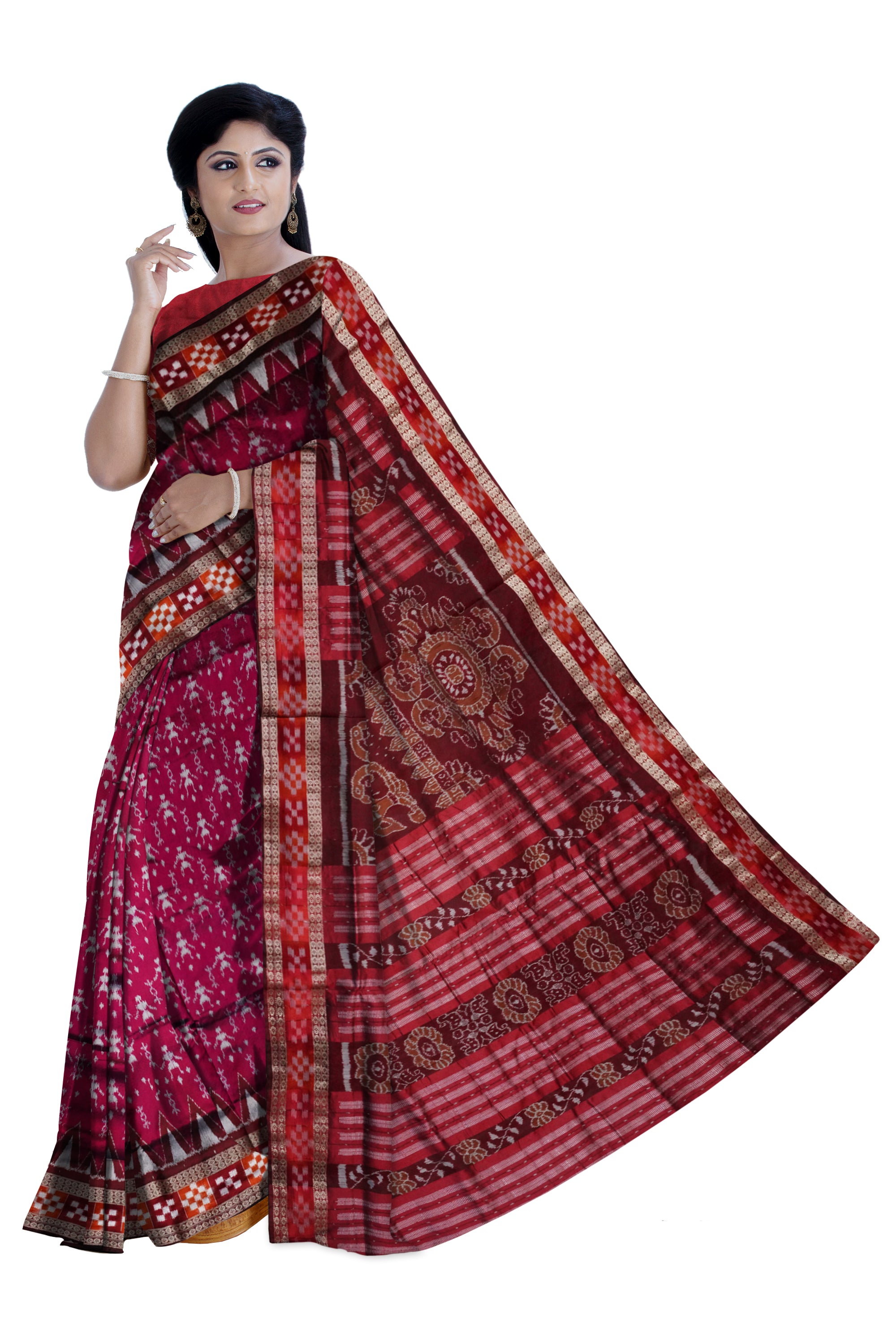 Pink and Maroon color Terracotta with Pasapali pattern Sambalpuri pata saree. - Koshali Arts & Crafts Enterprise