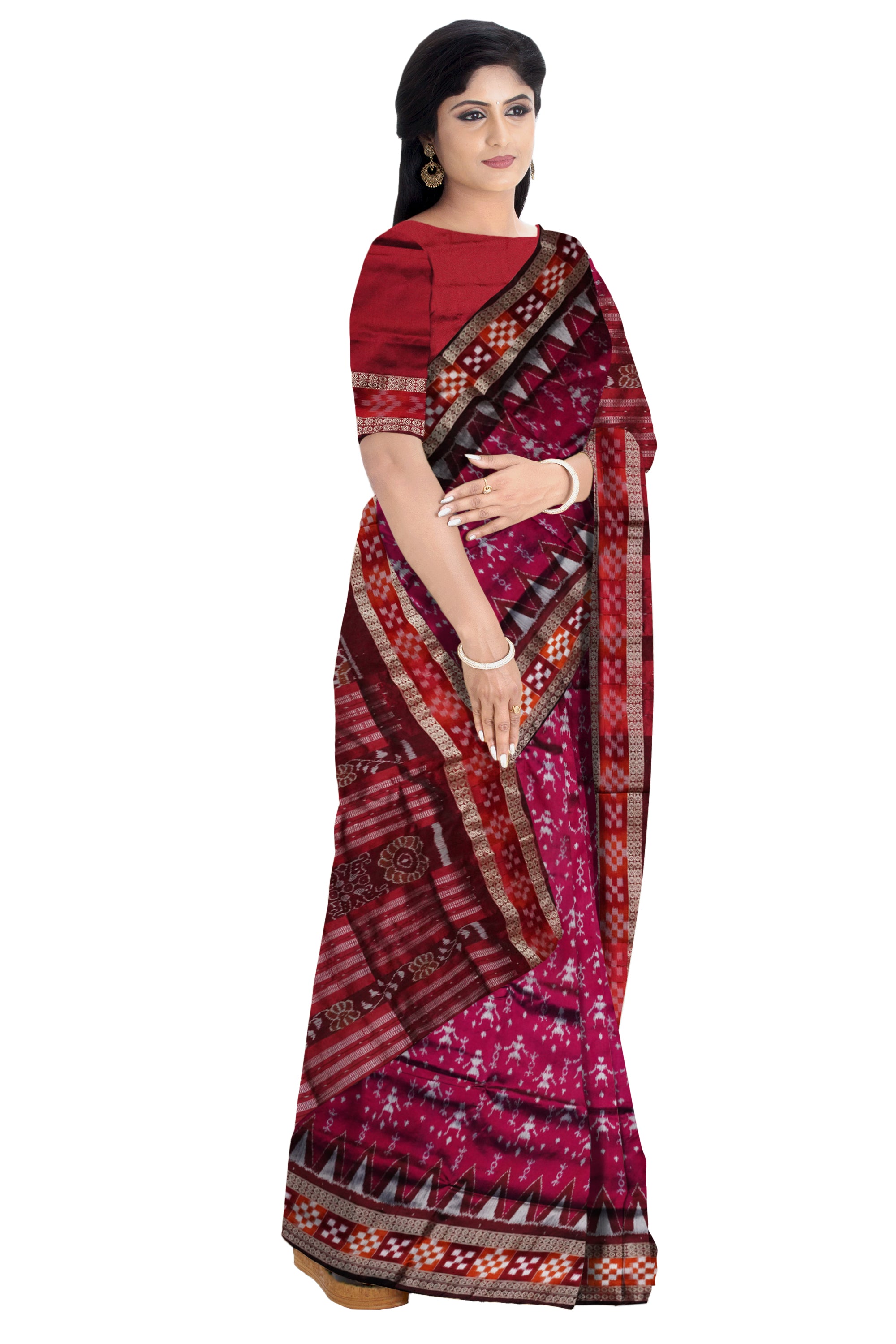 Pink and Maroon color Terracotta with Pasapali pattern Sambalpuri pata saree. - Koshali Arts & Crafts Enterprise