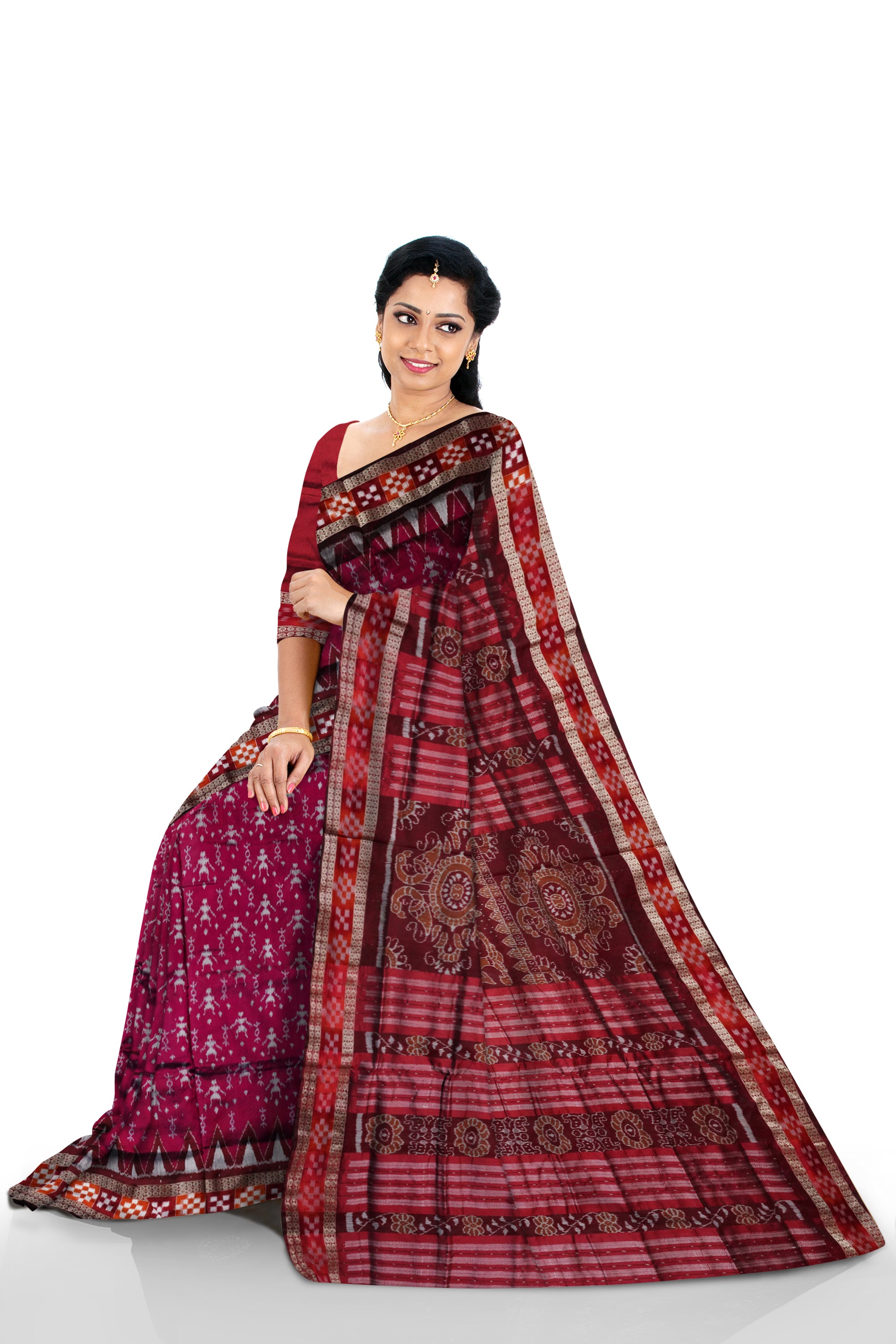 Pink and Maroon color Terracotta with Pasapali pattern Sambalpuri pata saree. - Koshali Arts & Crafts Enterprise
