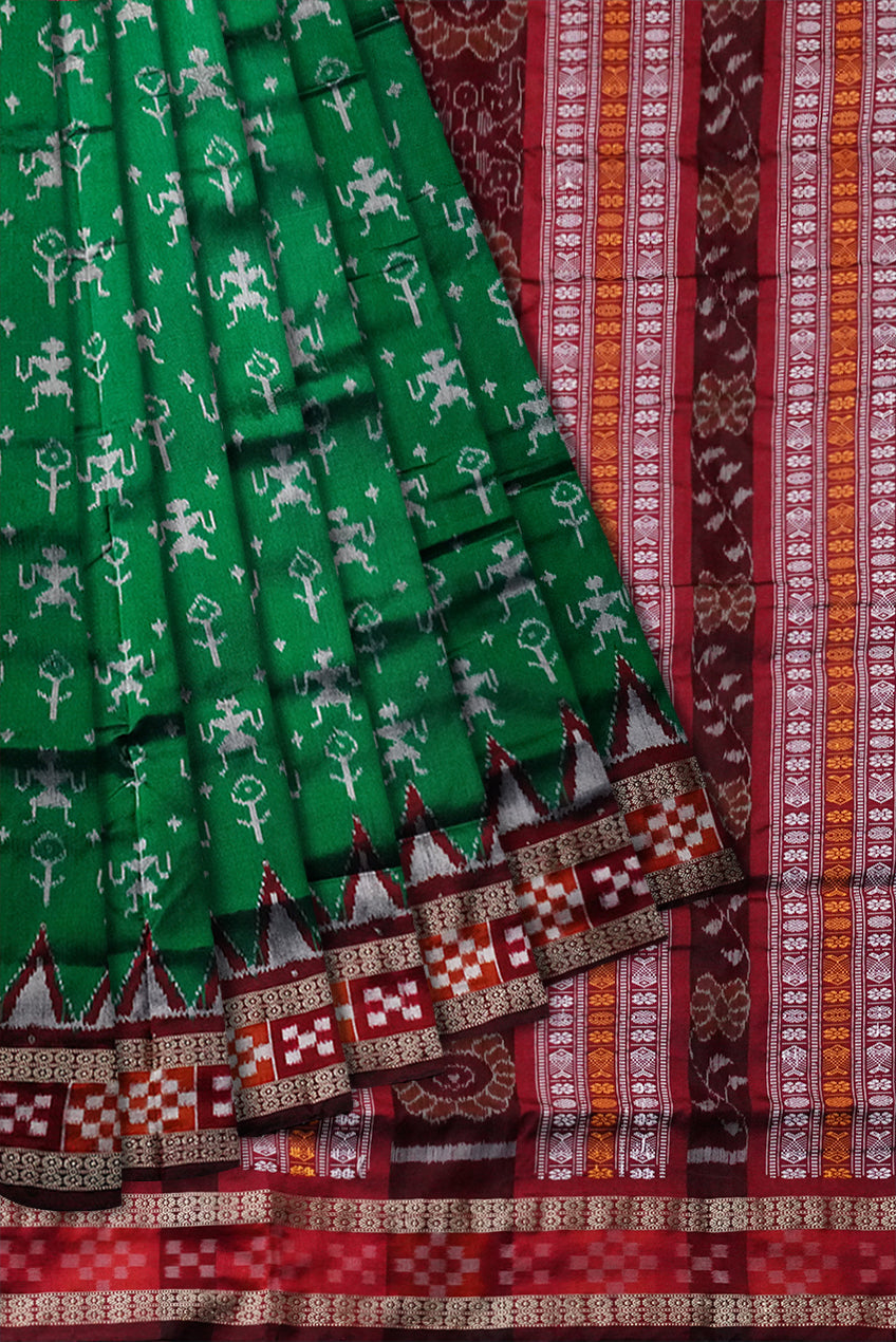 Full body terracotta with border Pasapali pattern Sambalpuri pata saree in Green and Maroon color. - Koshali Arts & Crafts Enterprise