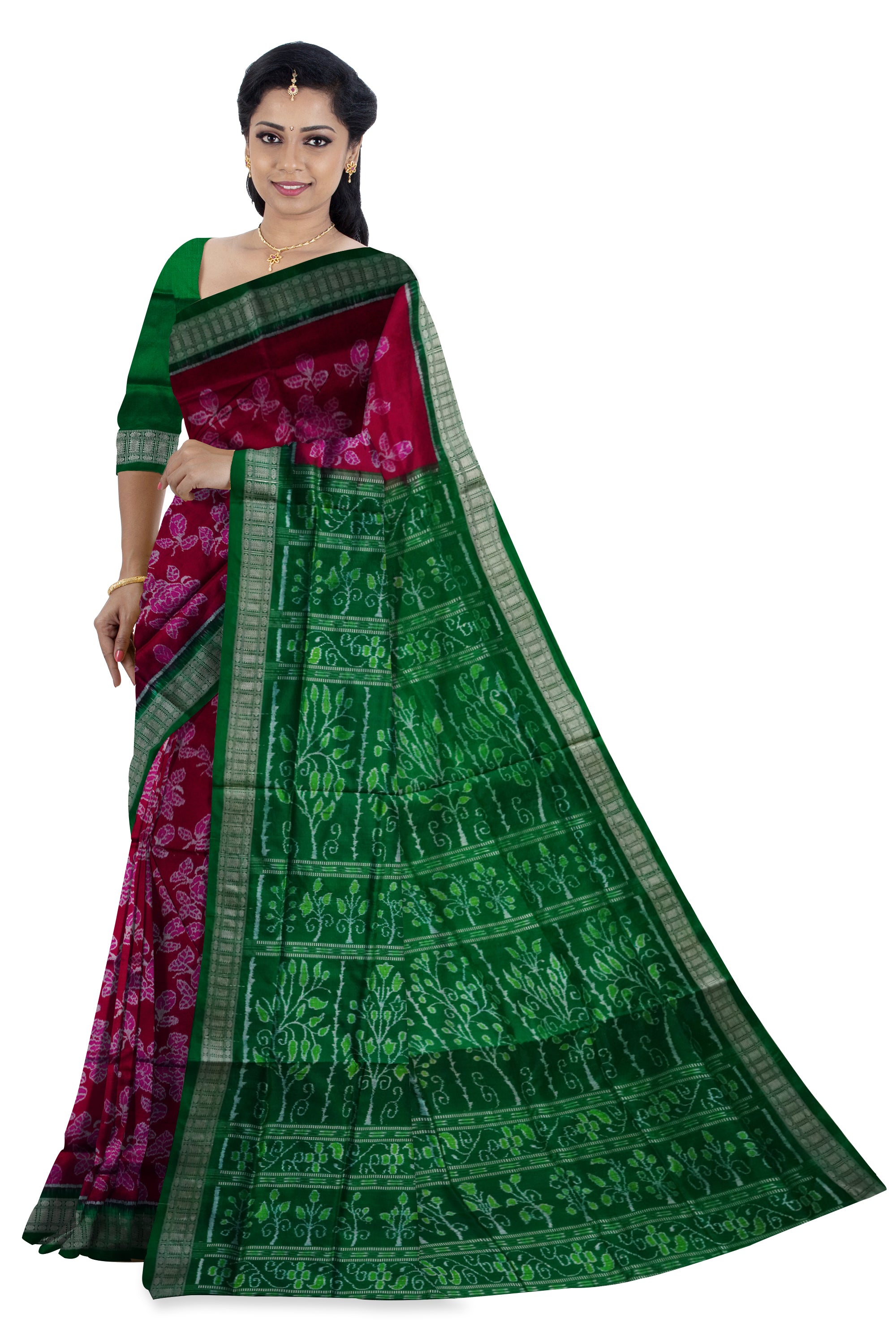 Entire body flowers pattern Sambalpuri pure pata saree in Pink and Green color. - Koshali Arts & Crafts Enterprise