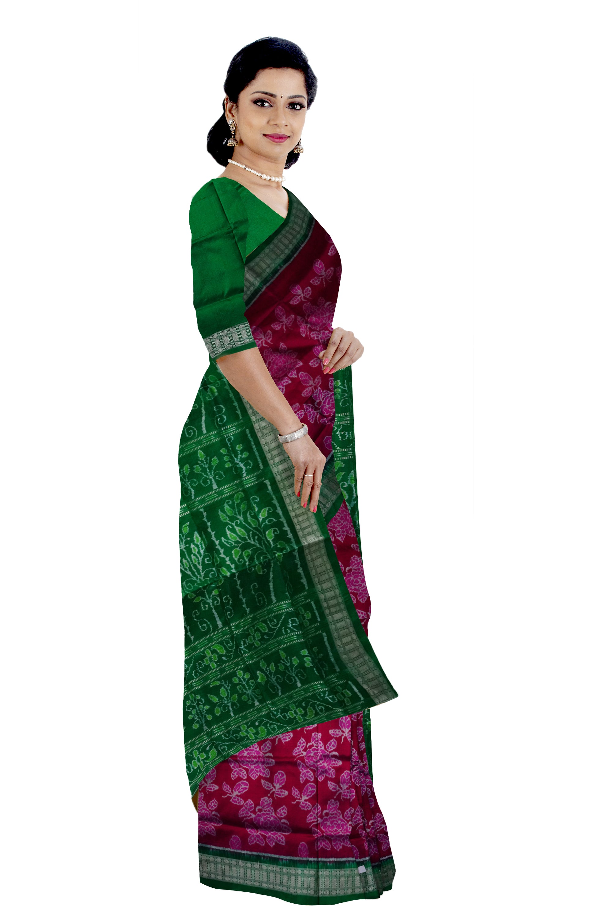 Entire body flowers pattern Sambalpuri pure pata saree in Pink and Green color. - Koshali Arts & Crafts Enterprise