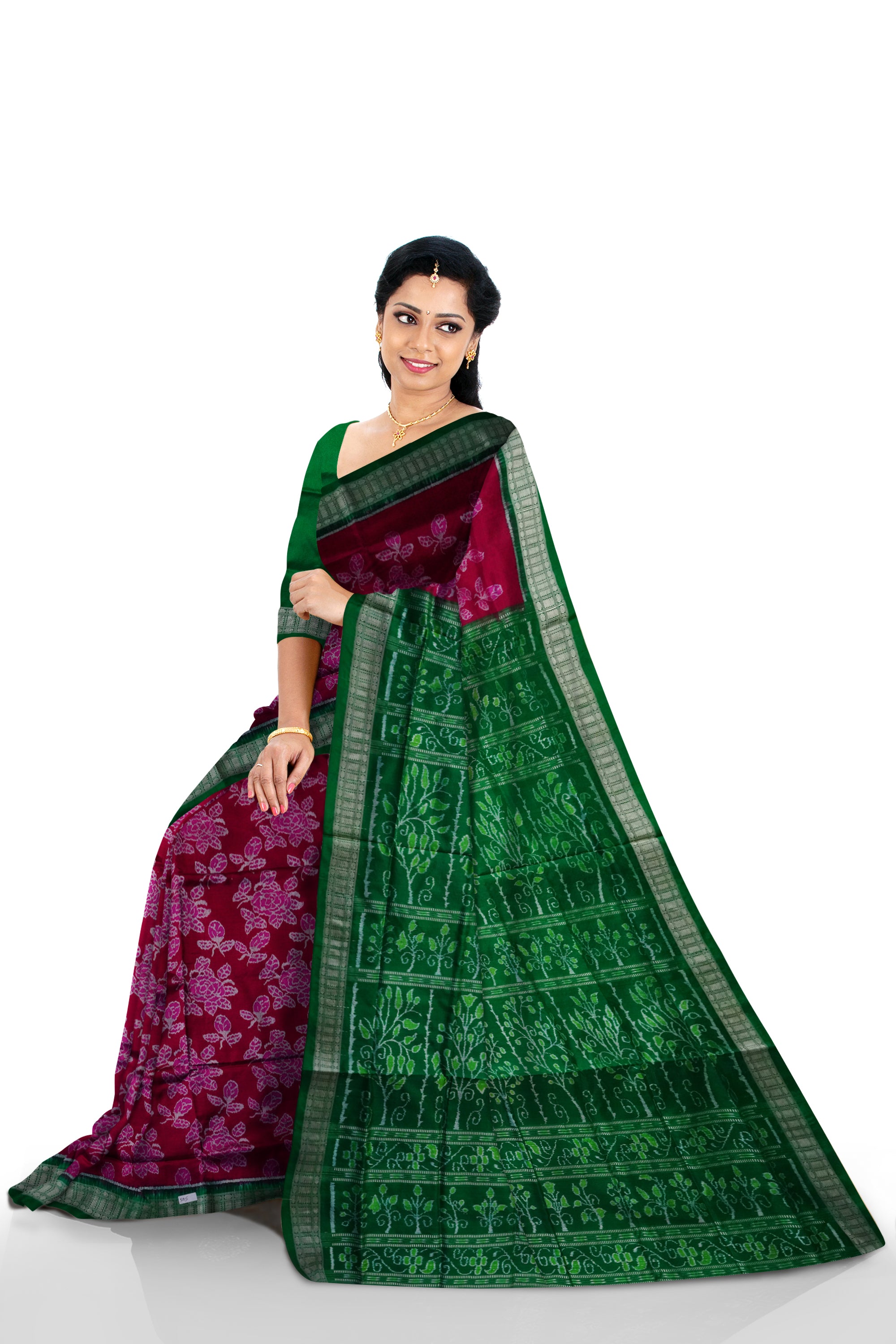 Entire body flowers pattern Sambalpuri pure pata saree in Pink and Green color. - Koshali Arts & Crafts Enterprise