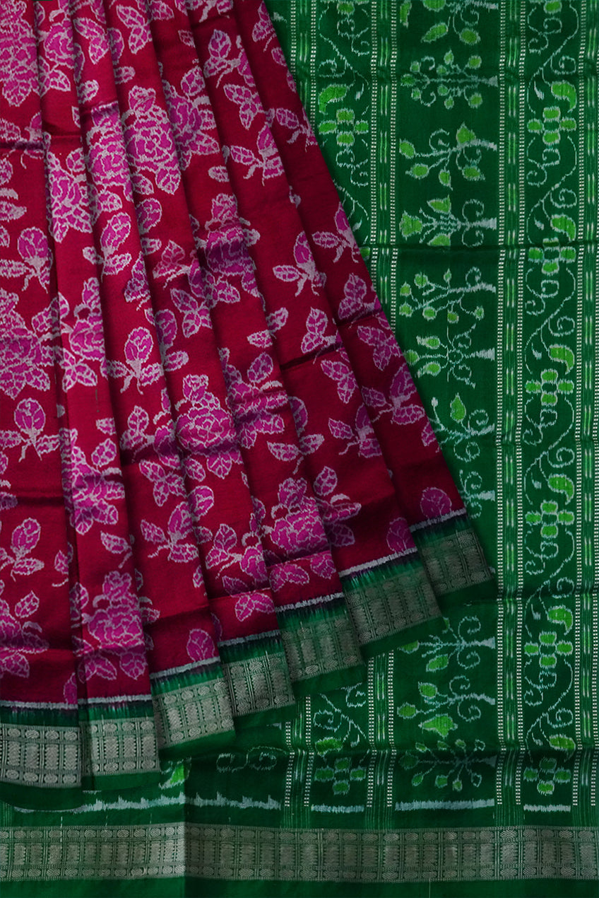 Entire body flowers pattern Sambalpuri pure pata saree in Pink and Green color. - Koshali Arts & Crafts Enterprise