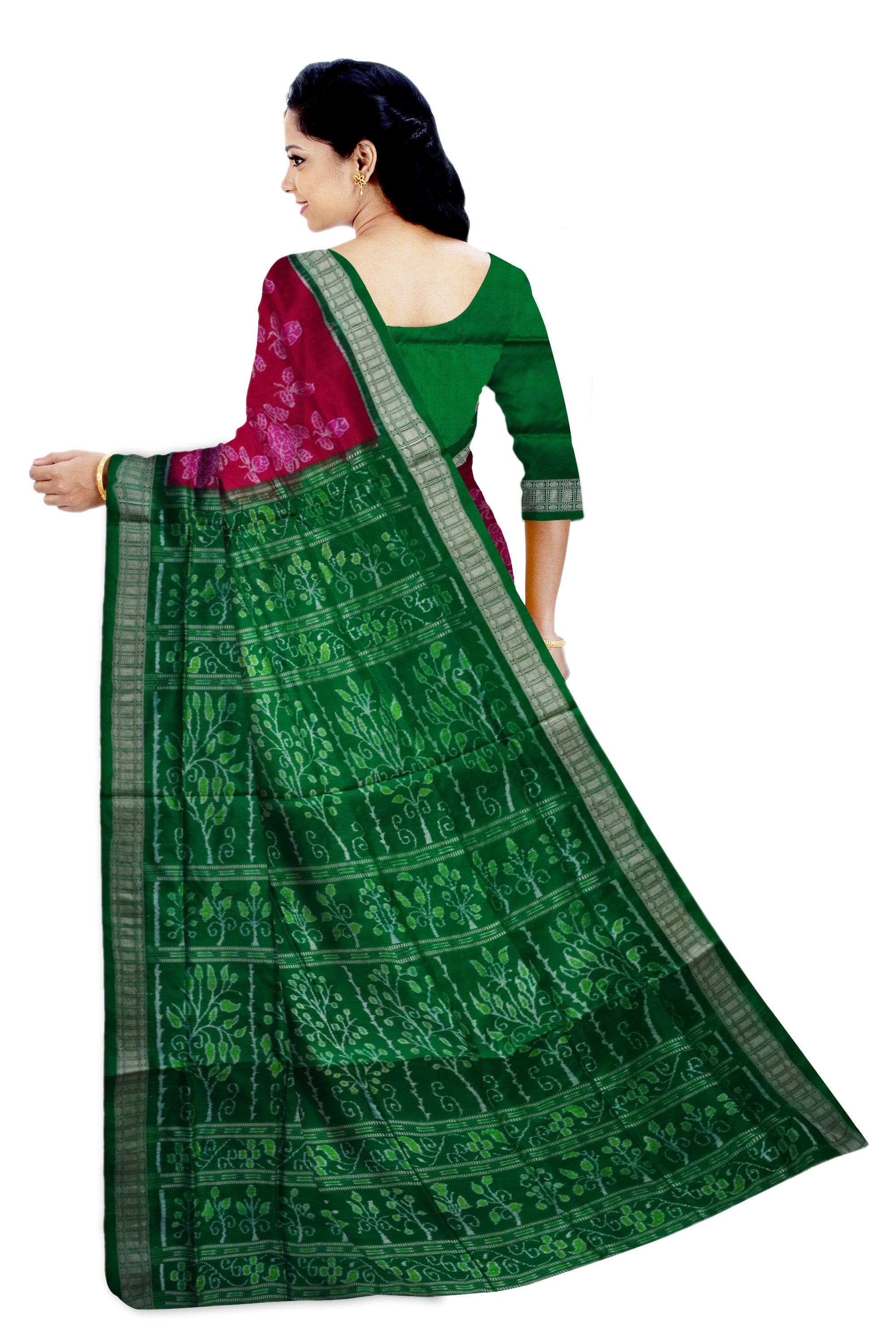 Entire body flowers pattern Sambalpuri pure pata saree in Pink and Green color. - Koshali Arts & Crafts Enterprise