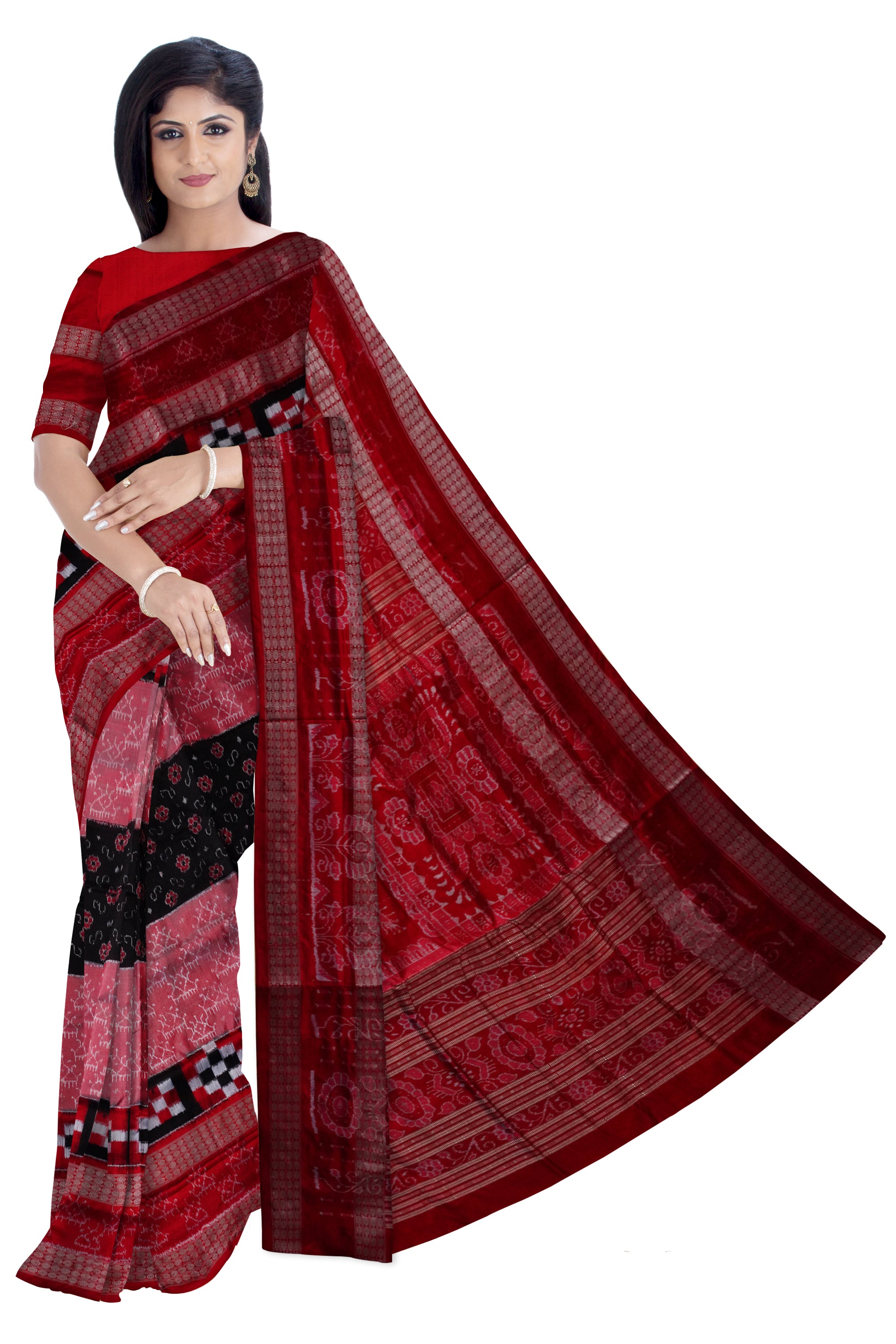 Baby-pink,Black and Red color flowers with pasapali pattern pure silk pata saree with double rudraksha border design. - Koshali Arts & Crafts Enterprise