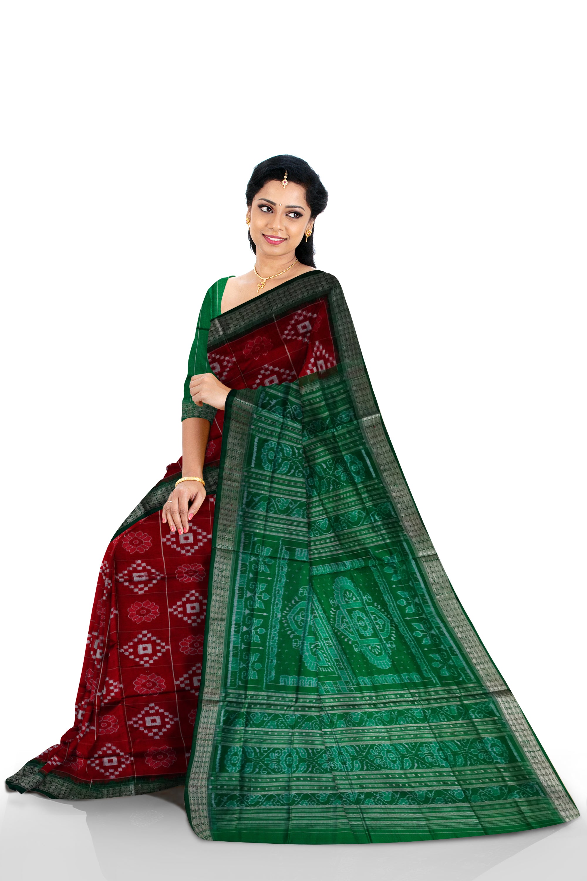 Flowers and Pasapali design in boxes pattern Pure silk pata saree in Maroon and Green color. - Koshali Arts & Crafts Enterprise