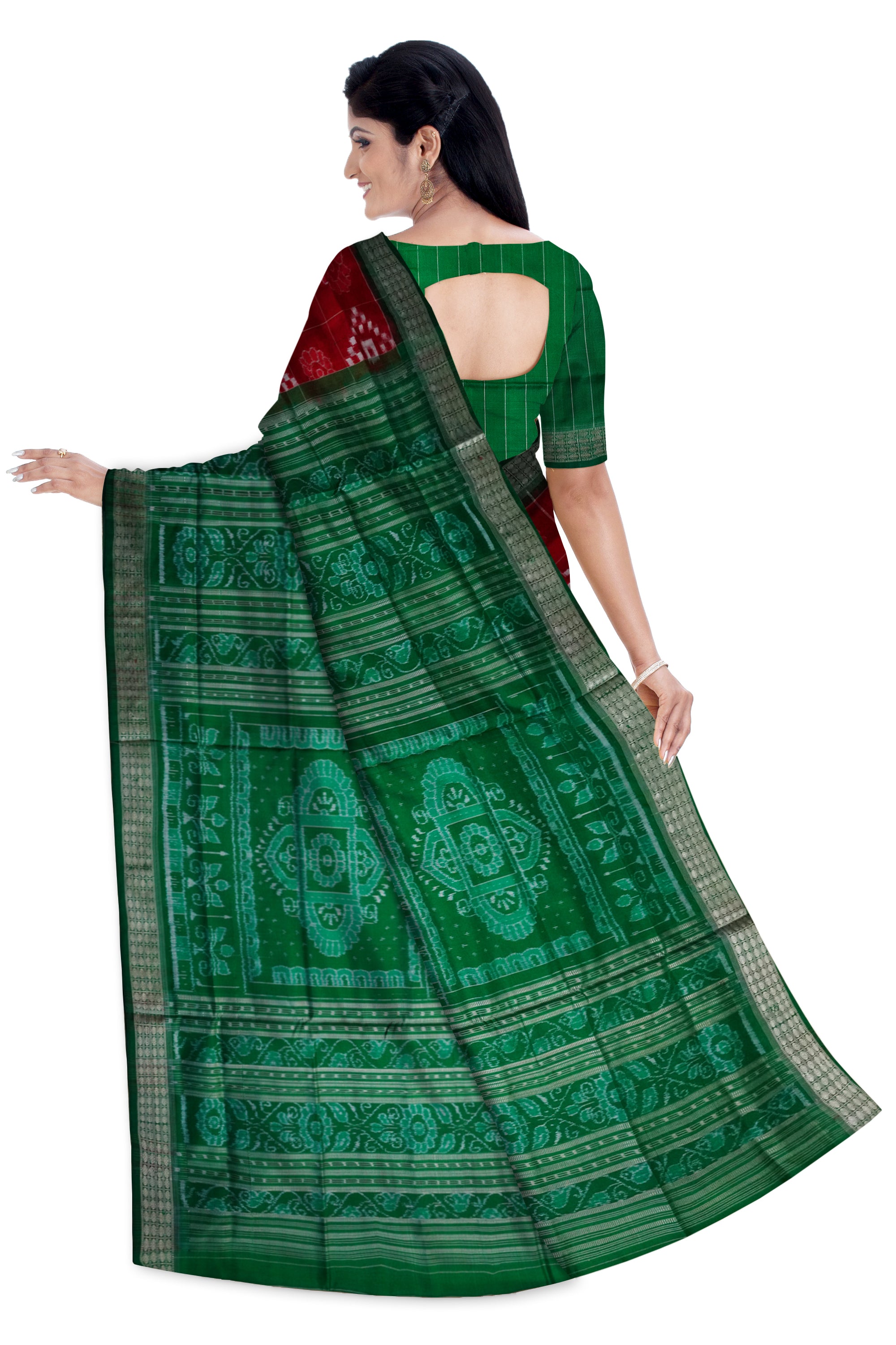 Flowers and Pasapali design in boxes pattern Pure silk pata saree in Maroon and Green color. - Koshali Arts & Crafts Enterprise