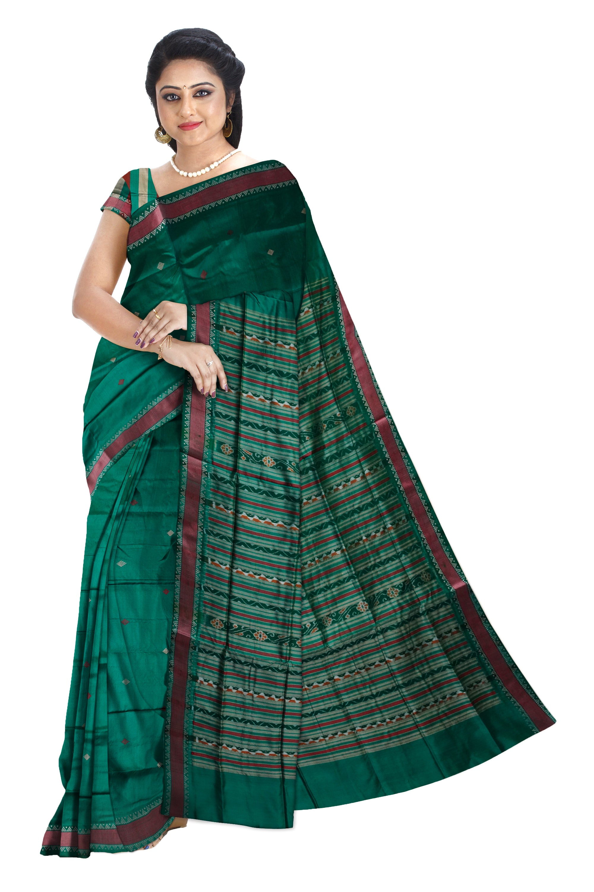 Hunter-green and Maroon color small border pattern plain pure pata saree. - Koshali Arts & Crafts Enterprise