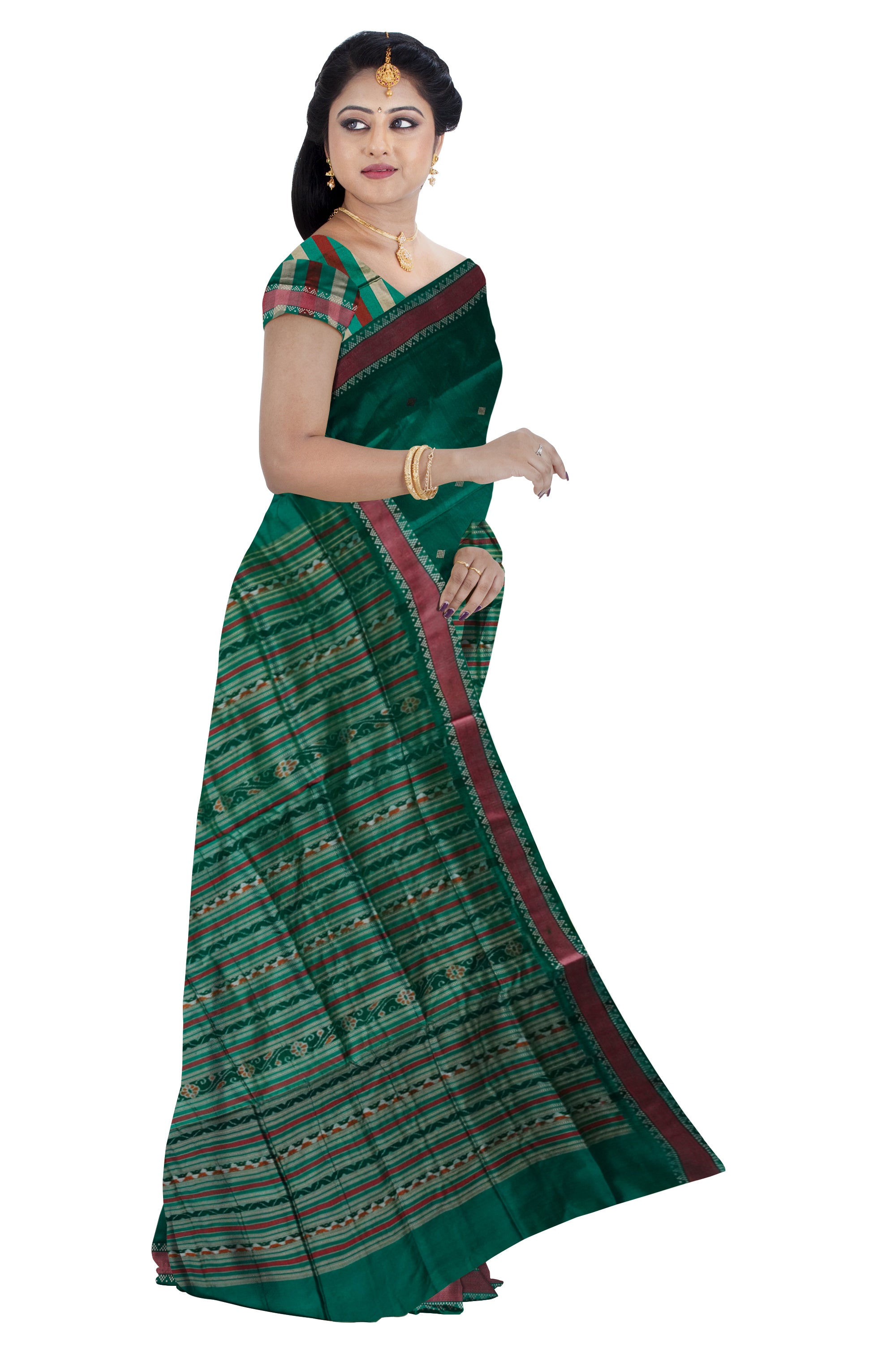 Hunter-green and Maroon color small border pattern plain pure pata saree. - Koshali Arts & Crafts Enterprise
