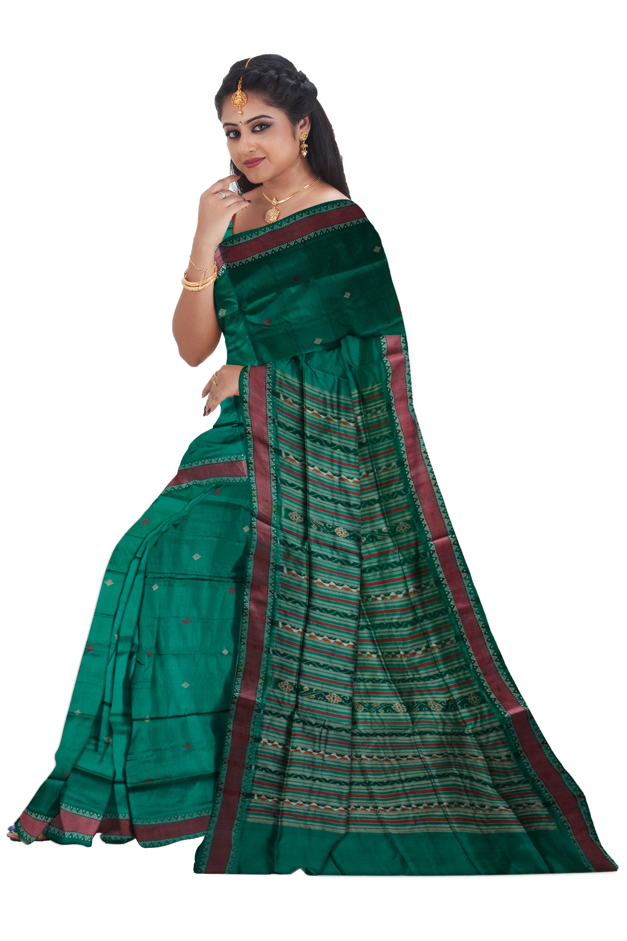 Hunter-green and Maroon color small border pattern plain pure pata saree. - Koshali Arts & Crafts Enterprise