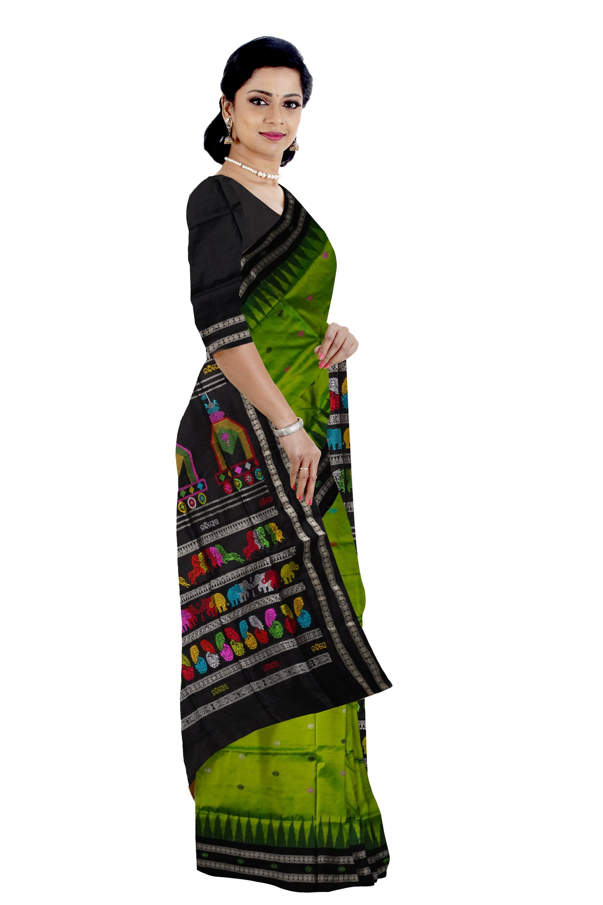 Lime-tree green and Black color Dolabedi pure pata saree. - Koshali Arts & Crafts Enterprise