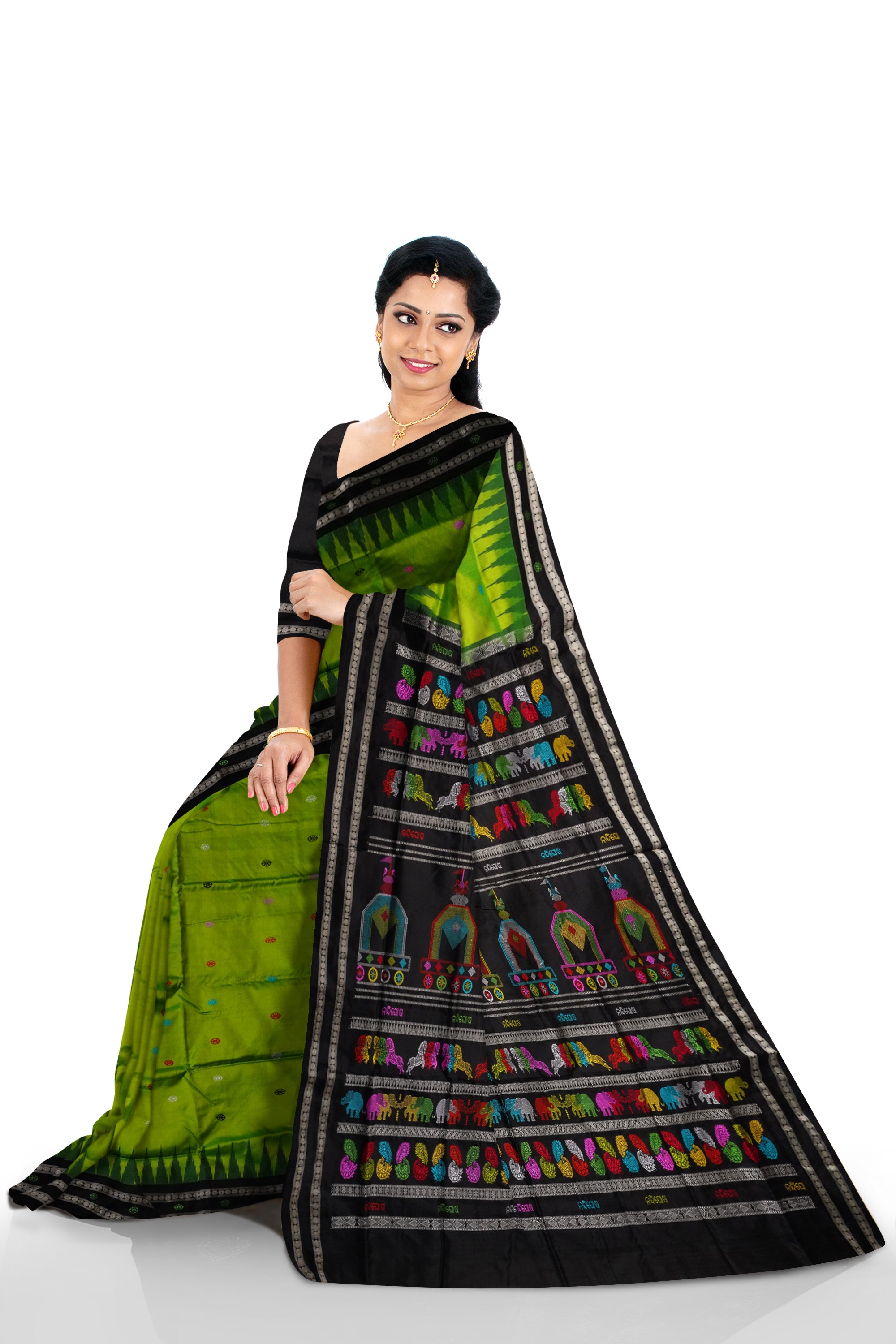 Lime-tree green and Black color Dolabedi pure pata saree. - Koshali Arts & Crafts Enterprise