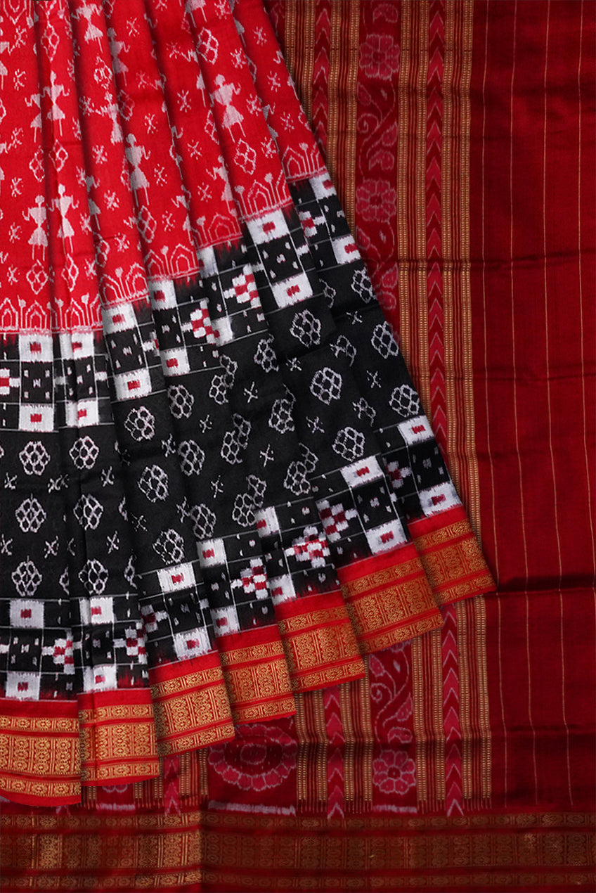 Terracotta with Pasapali pattern pure silk saree in Red and Black color. - Koshali Arts & Crafts Enterprise