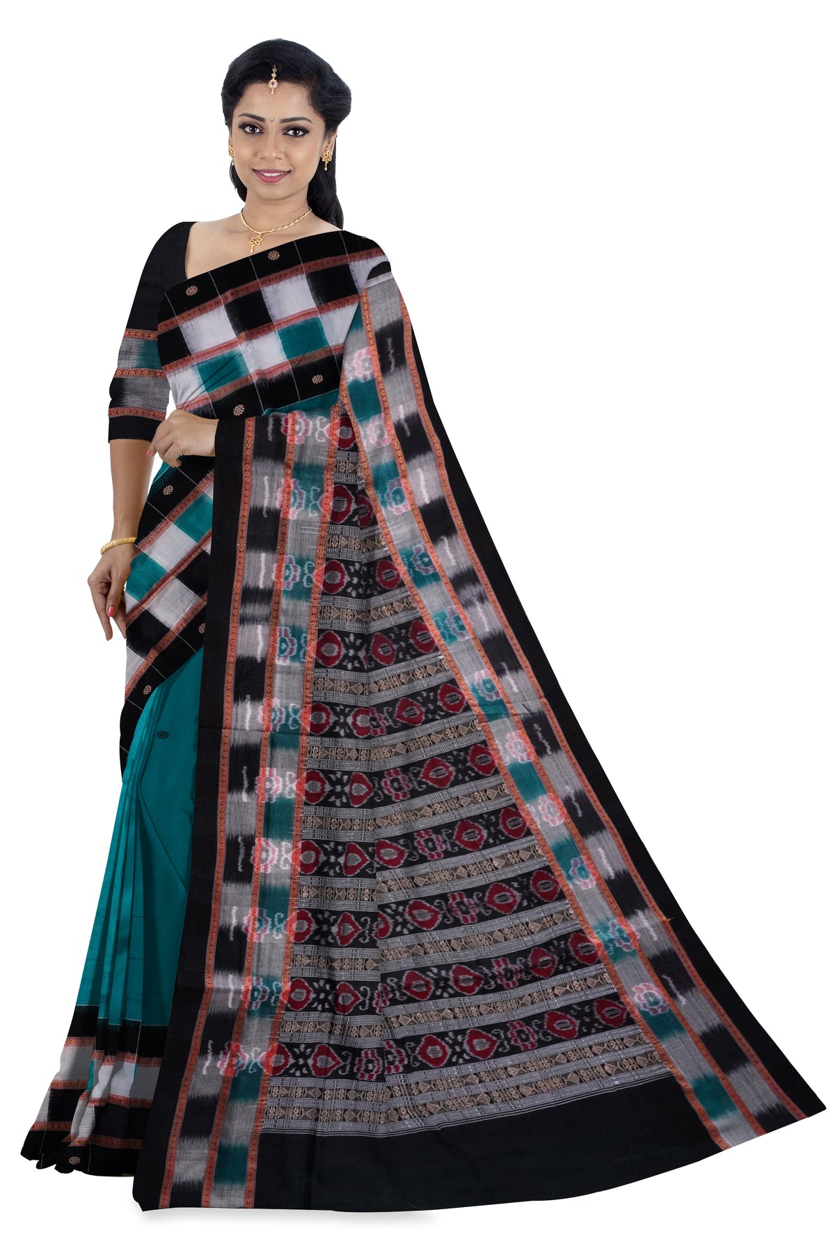 Sky and Black color body plain with border pasapali pattern Sambalpuri