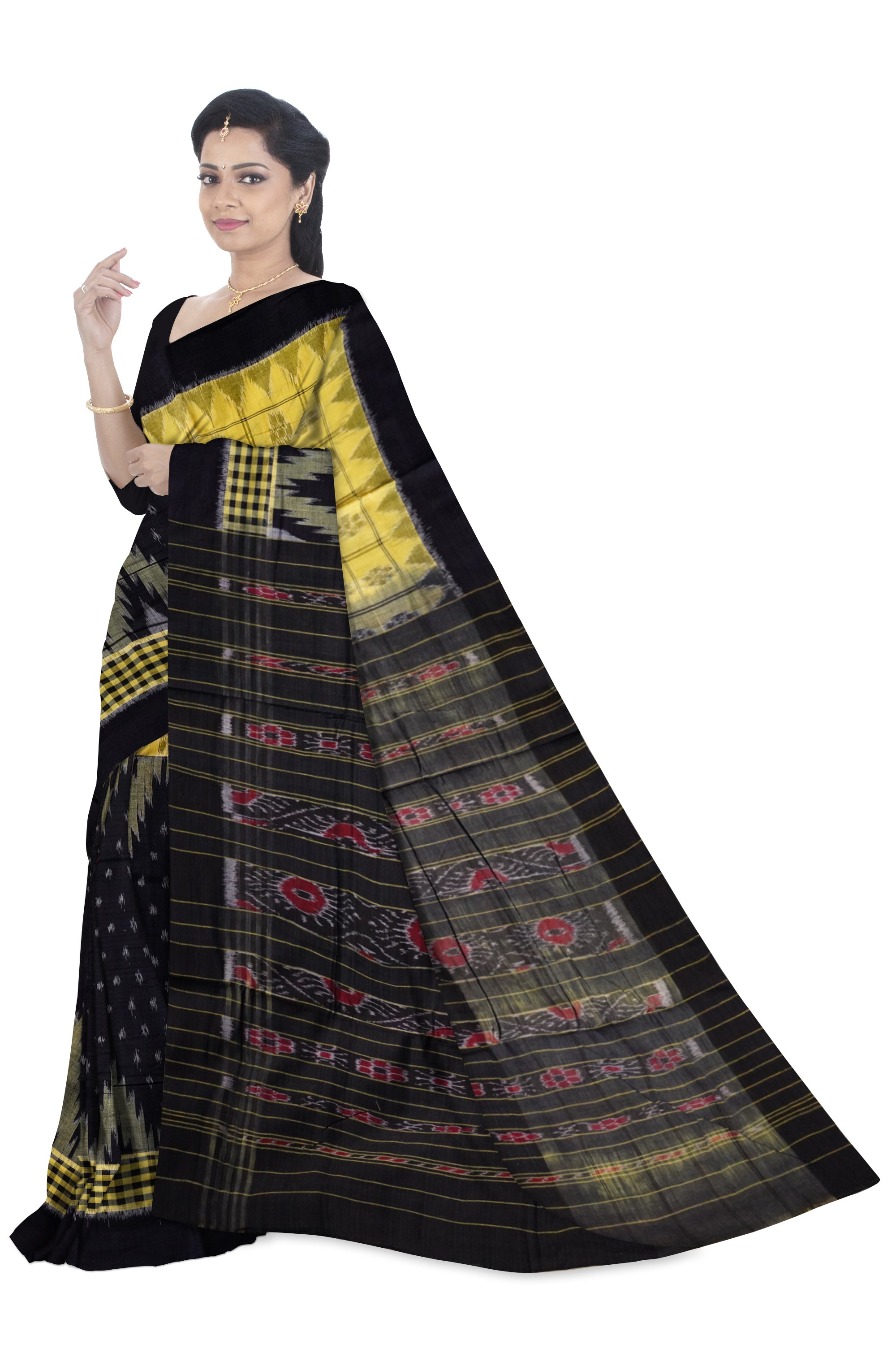 Light-Yellow and Black color plain border Sambalpuri cotton saree. - Koshali Arts & Crafts Enterprise