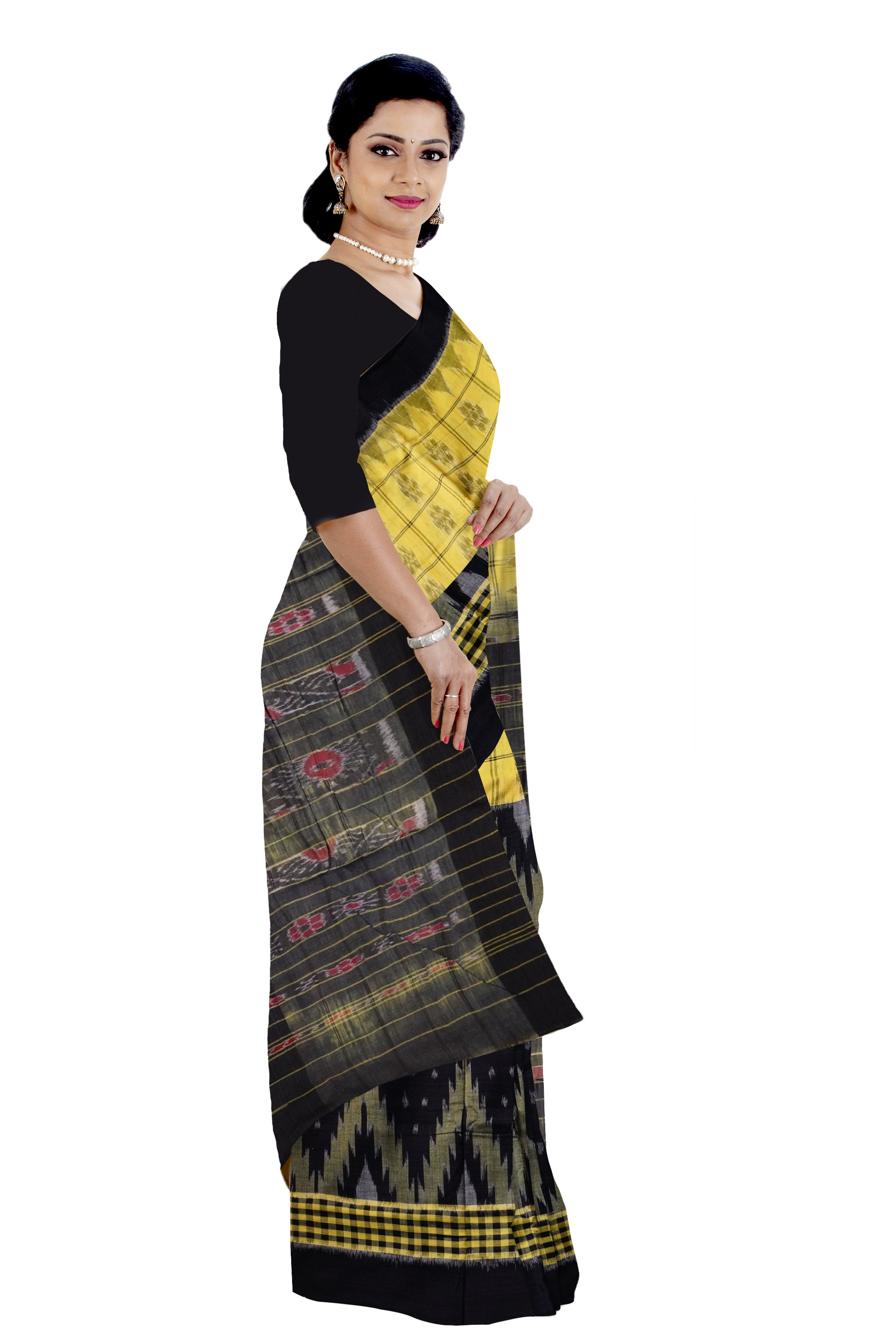 Light-Yellow and Black color plain border Sambalpuri cotton saree. - Koshali Arts & Crafts Enterprise