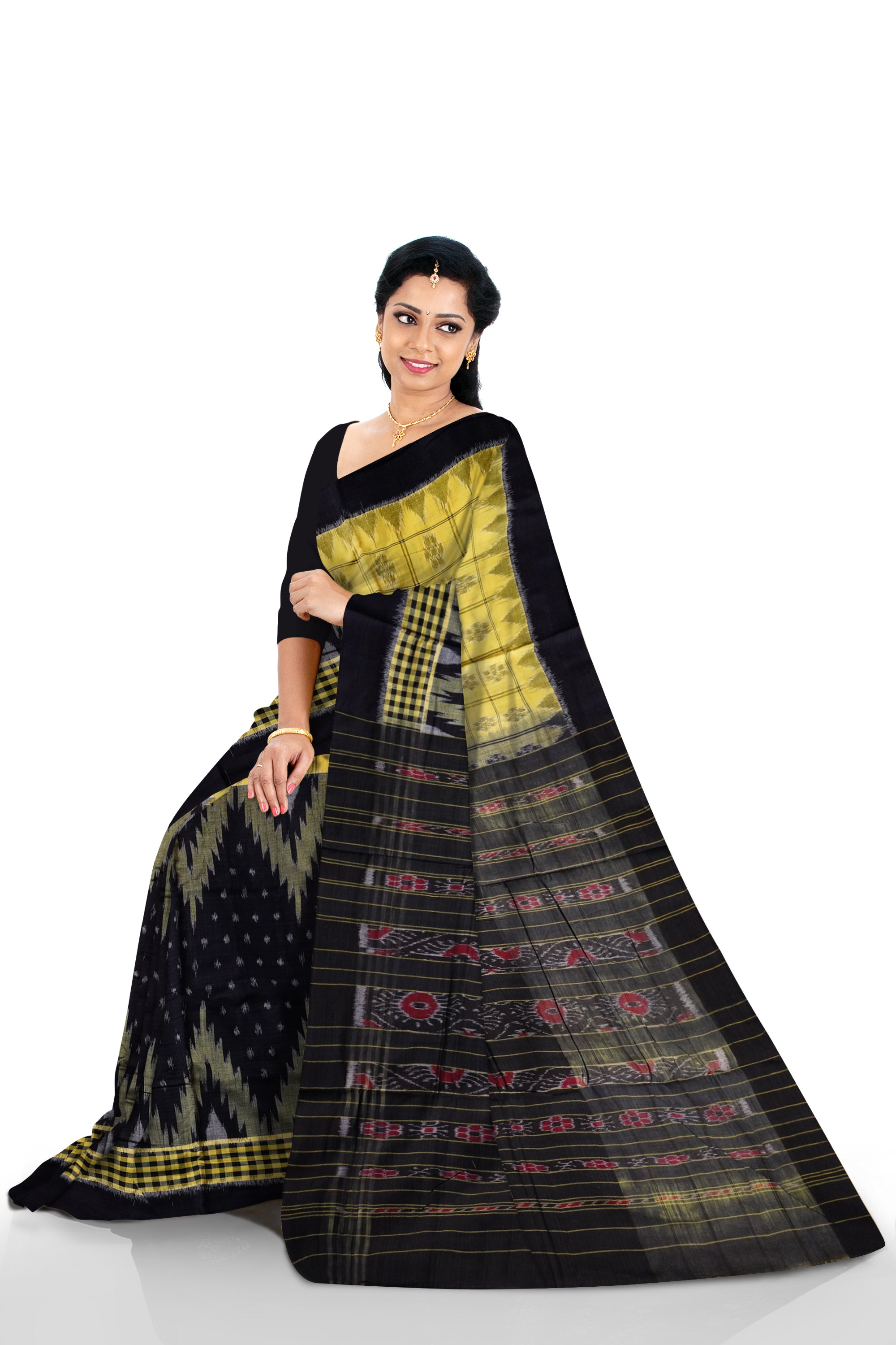 Light-Yellow and Black color plain border Sambalpuri cotton saree. - Koshali Arts & Crafts Enterprise