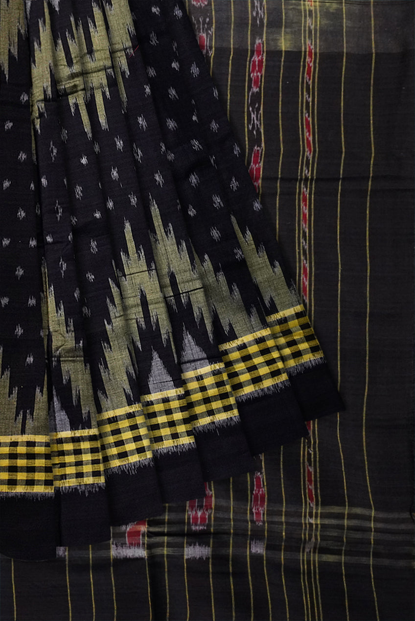 Light-Yellow and Black color plain border Sambalpuri cotton saree. - Koshali Arts & Crafts Enterprise