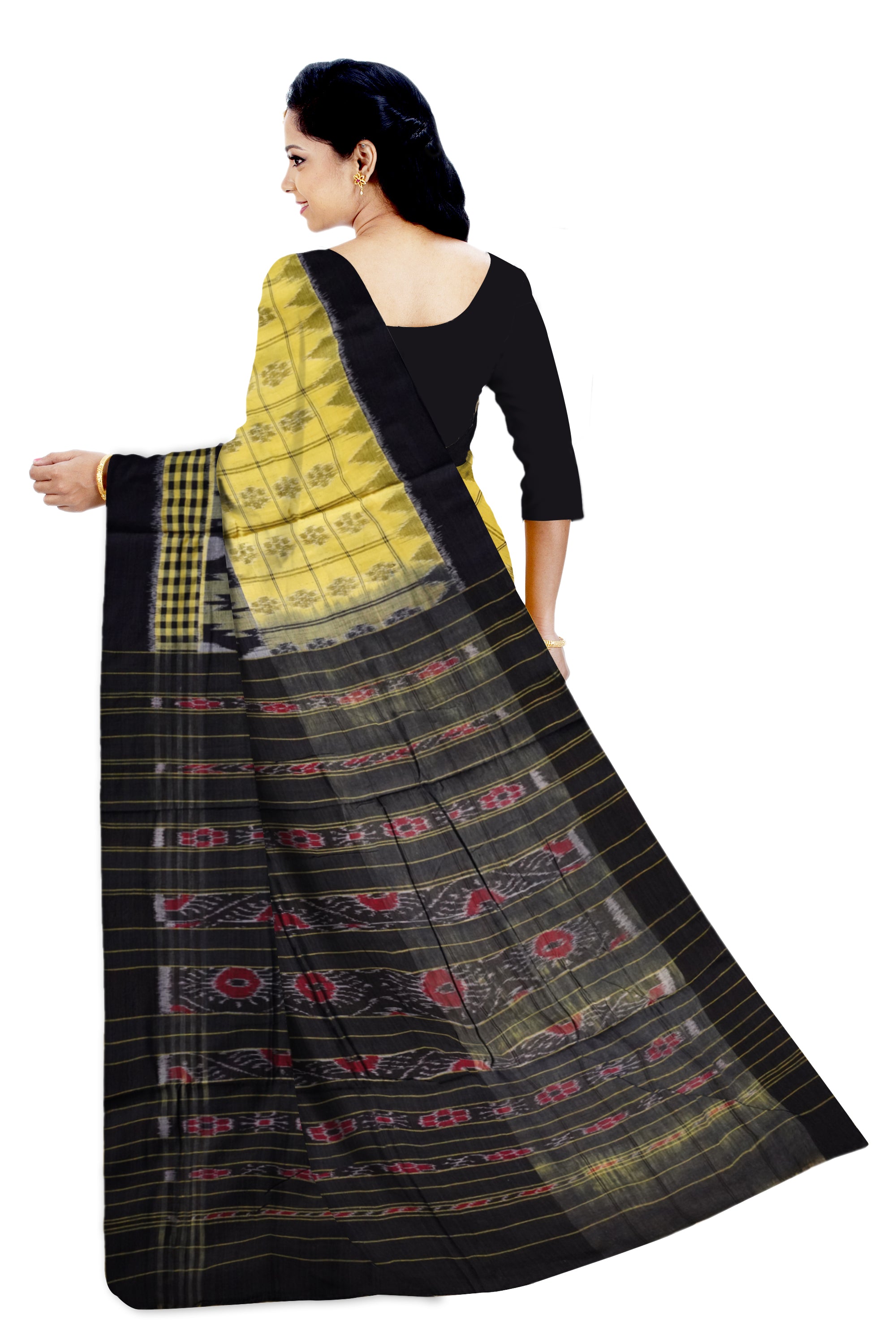 Light-Yellow and Black color plain border Sambalpuri cotton saree. - Koshali Arts & Crafts Enterprise