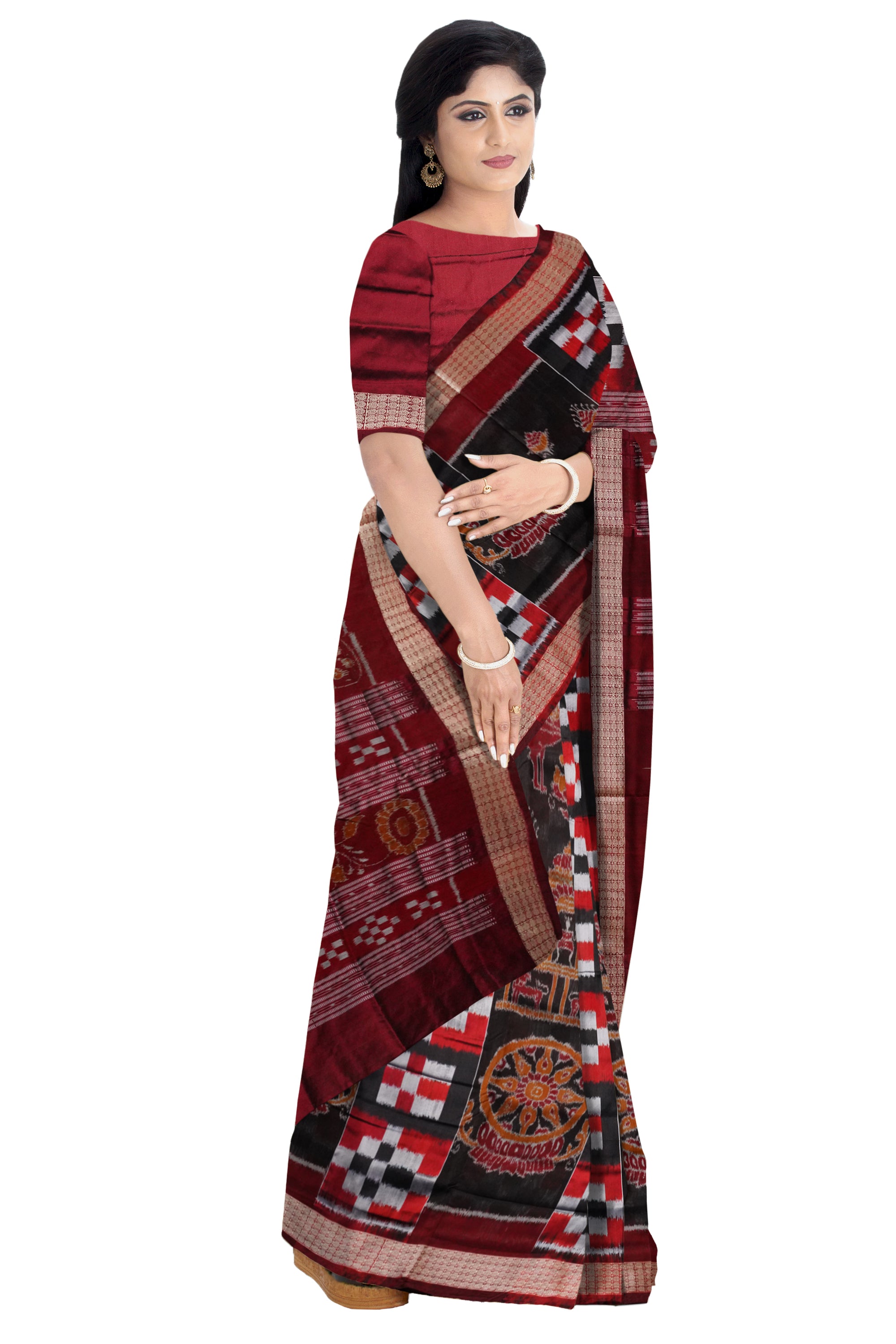 Konarka with Pasapali pattern Sambalpuri pata saree in Black,Maroon and Coffee color. - Koshali Arts & Crafts Enterprise