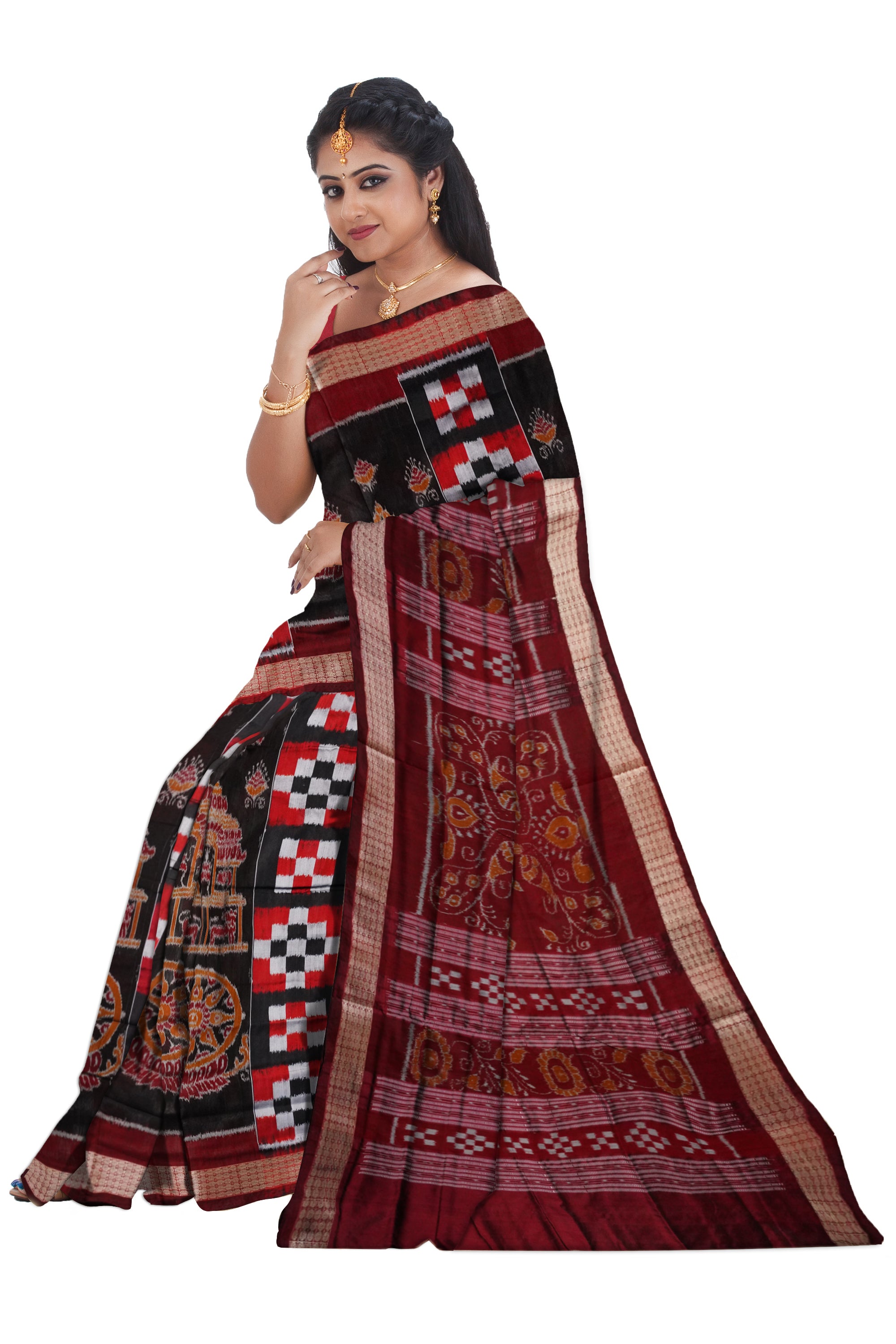 Konarka with Pasapali pattern Sambalpuri pata saree in Black,Maroon and Coffee color. - Koshali Arts & Crafts Enterprise