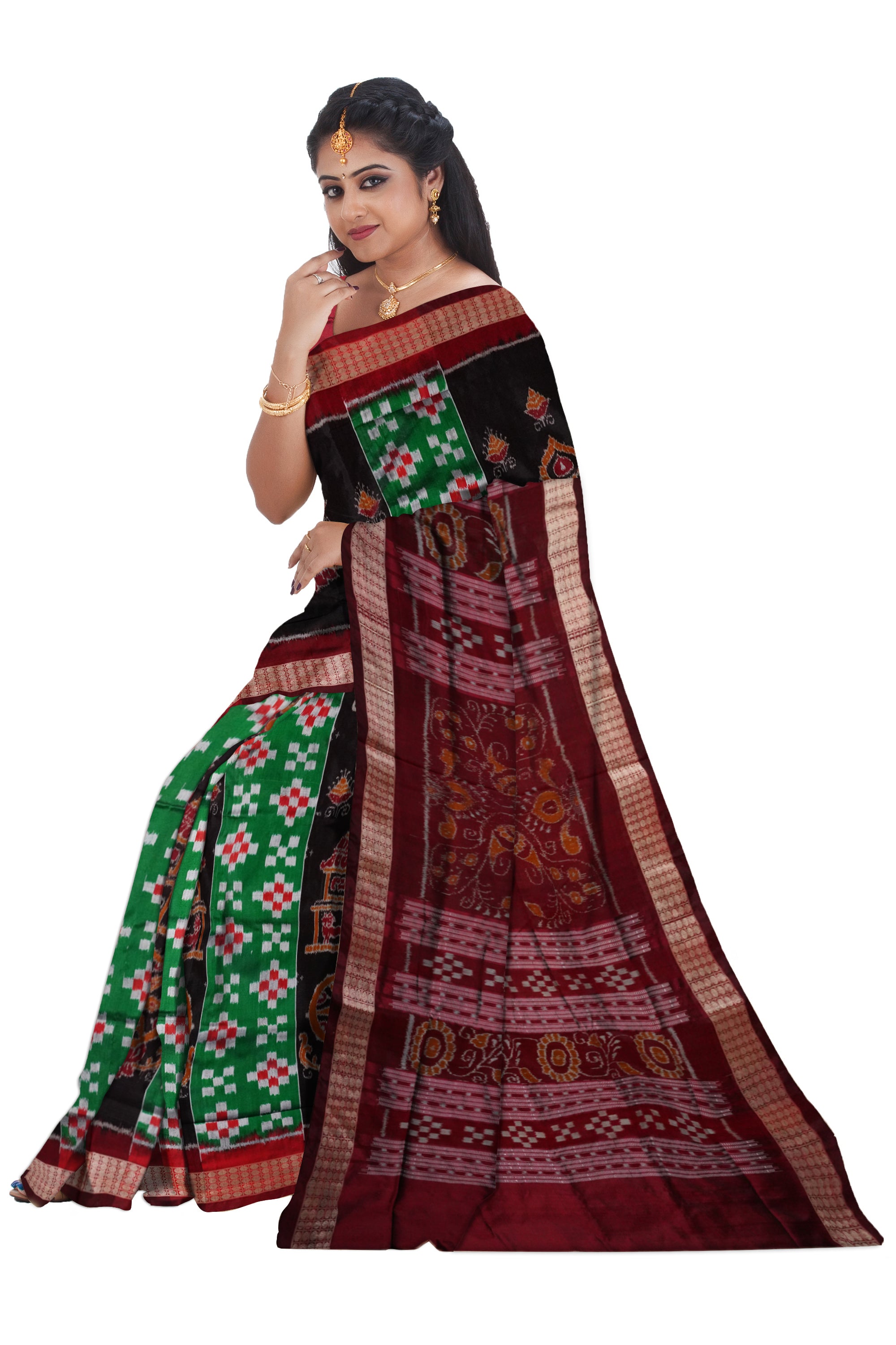 Green and Maroon color konark with pasapali pattern Sambalpuri pata saree. - Koshali Arts & Crafts Enterprise