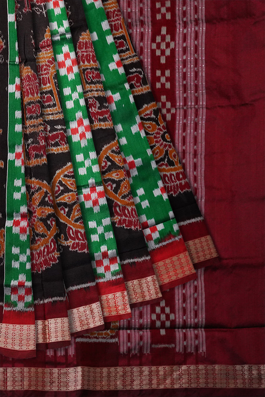 Green and Maroon color konark with pasapali pattern Sambalpuri pata saree. - Koshali Arts & Crafts Enterprise