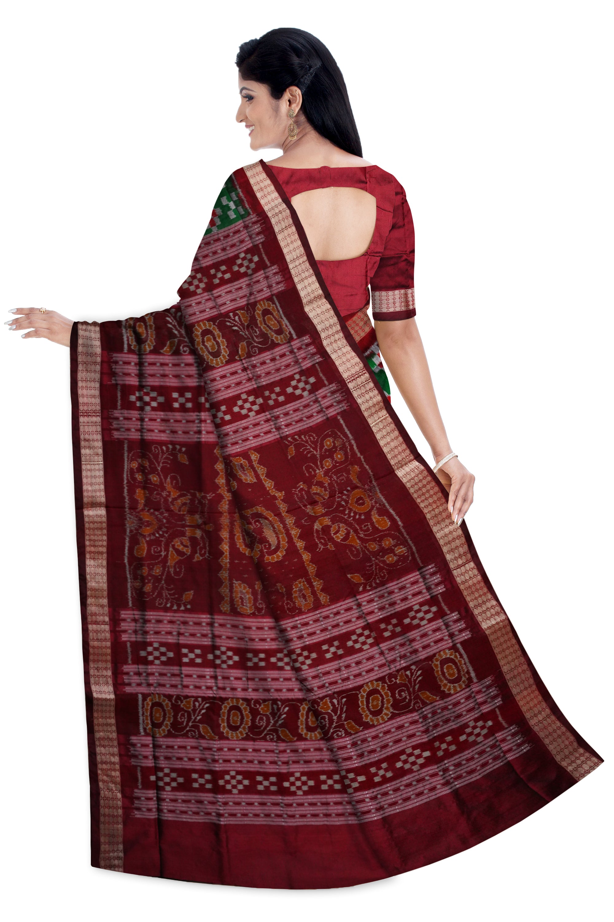 Green and Maroon color konark with pasapali pattern Sambalpuri pata saree. - Koshali Arts & Crafts Enterprise