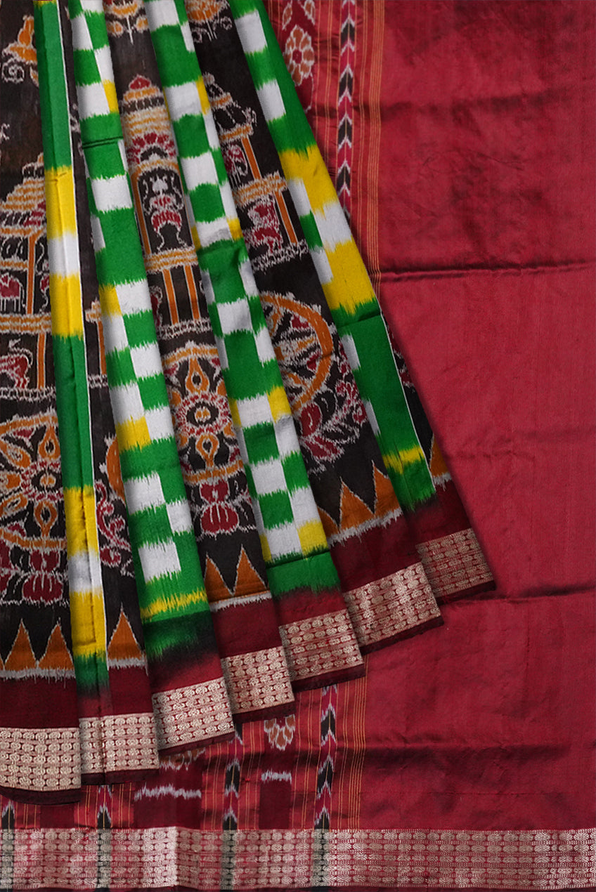 Konark and Lion pattern Sambalpuri pata saree in Green, Yellow and Coffee color base. - Koshali Arts & Crafts Enterprise