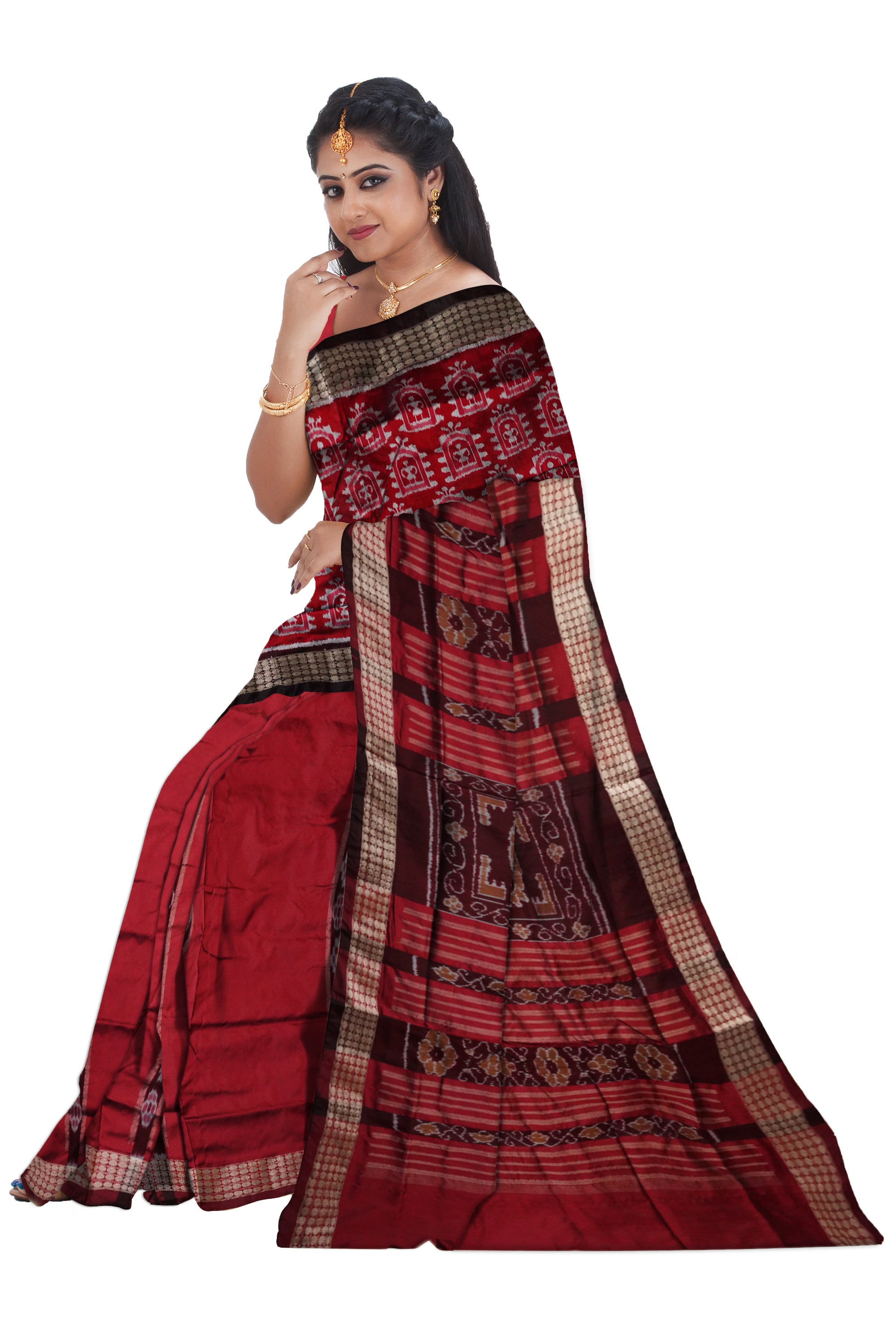 Maroon color terracotta pattern patli design Sambalpuri pata saree. - Koshali Arts & Crafts Enterprise